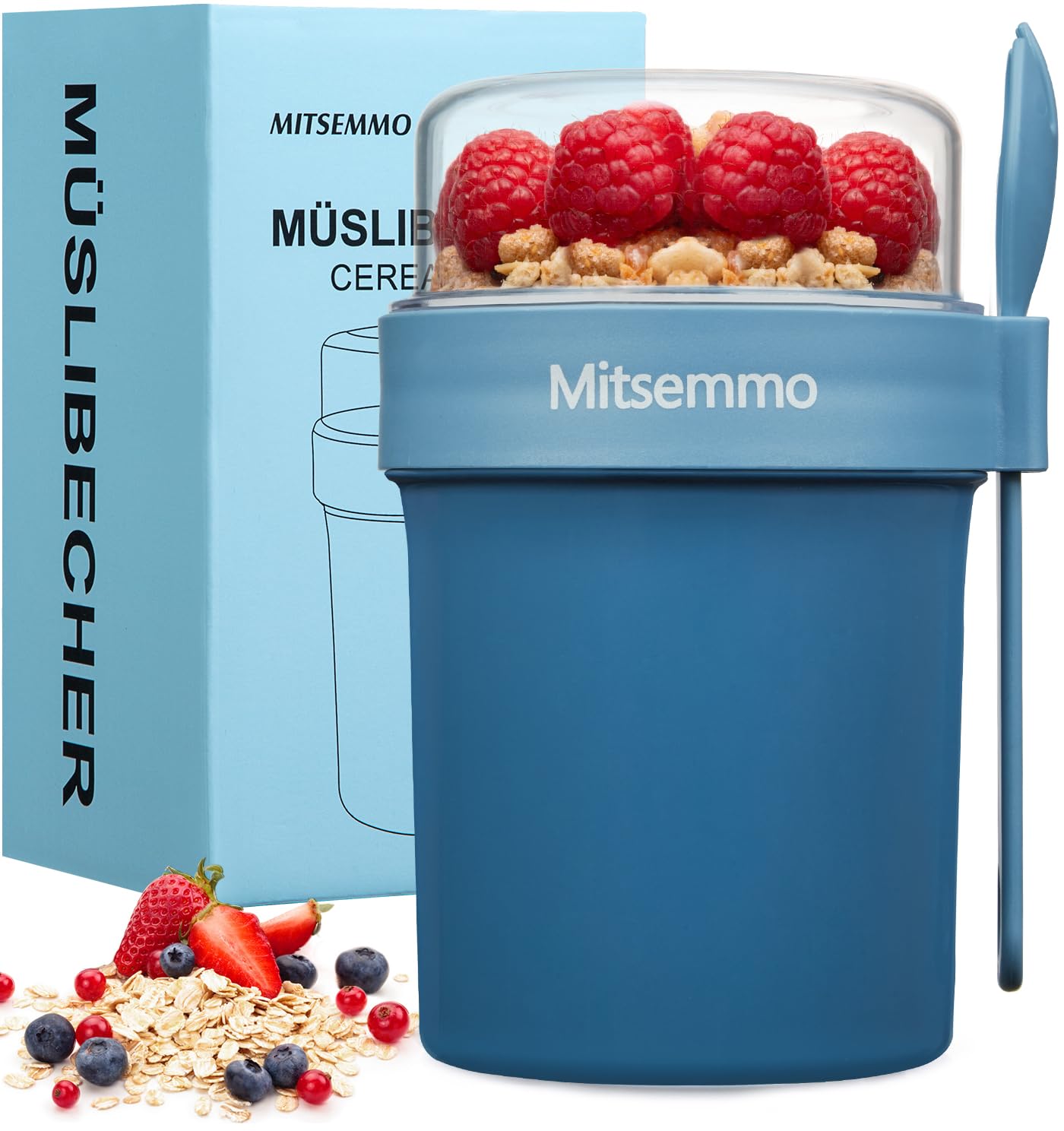 Cereal Cup to Go, 560 ml + 230 ml Yoghurt Cup to Go Children with Spoon, Cereal Cup to Go Cup, Cereal Cup, Cereal Bowl, Breakfast Box, Yoghurt to Go Mug (Blue)
