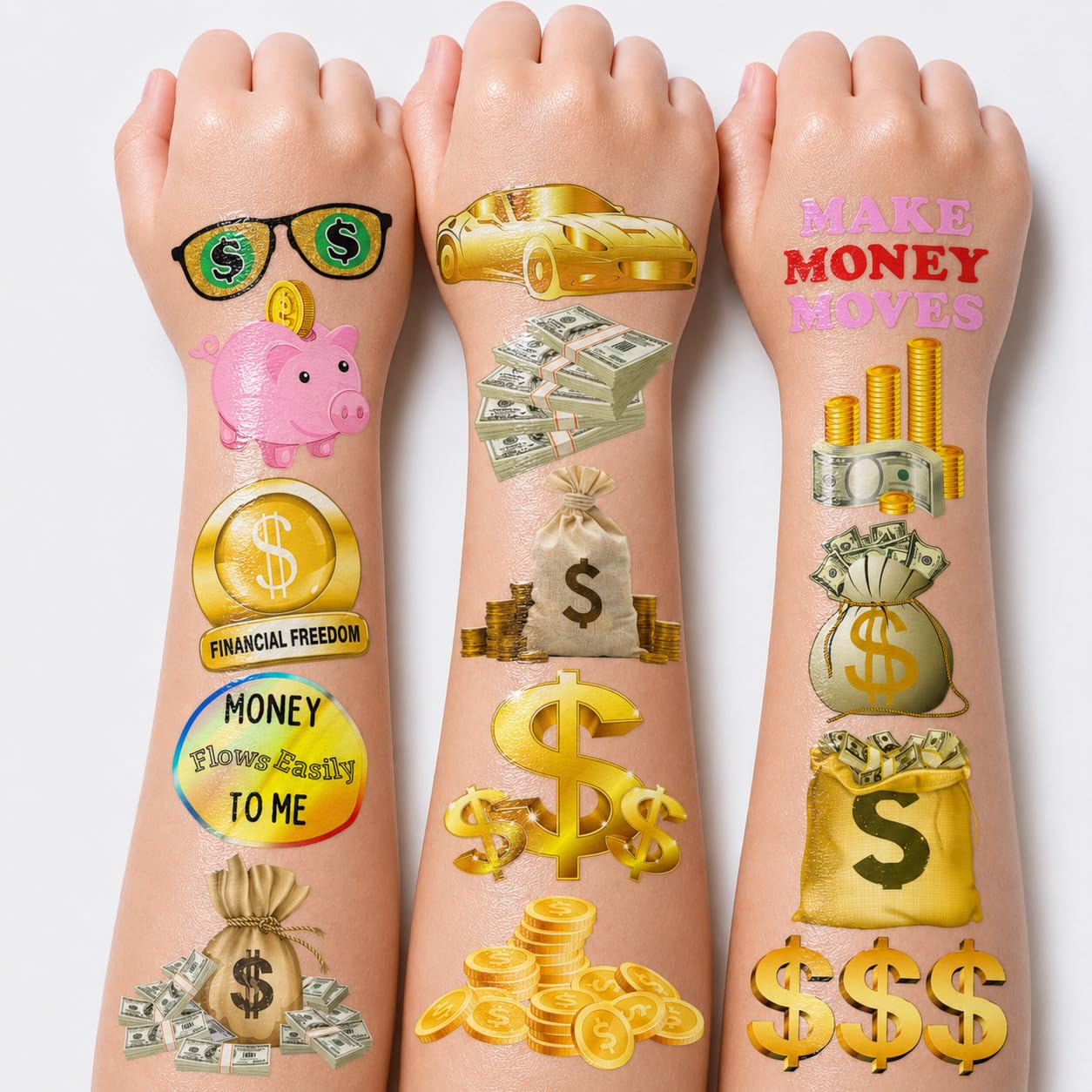 96 PCS Fun Money Pre-Cut Temporary Tattoos for Kids Dollar Sign Stickers