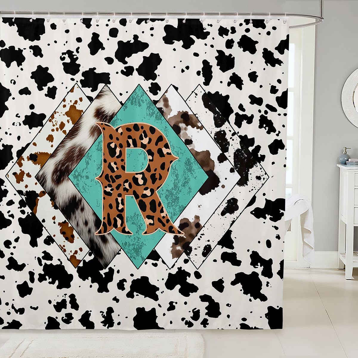 Rideau de douche lettre R taille L léopard monogramme alphabet imprimé cuir de vache rideau de bain pour adultes style rustique rustique rideaux de bain imperméables avec 12 crochets pour baignoire