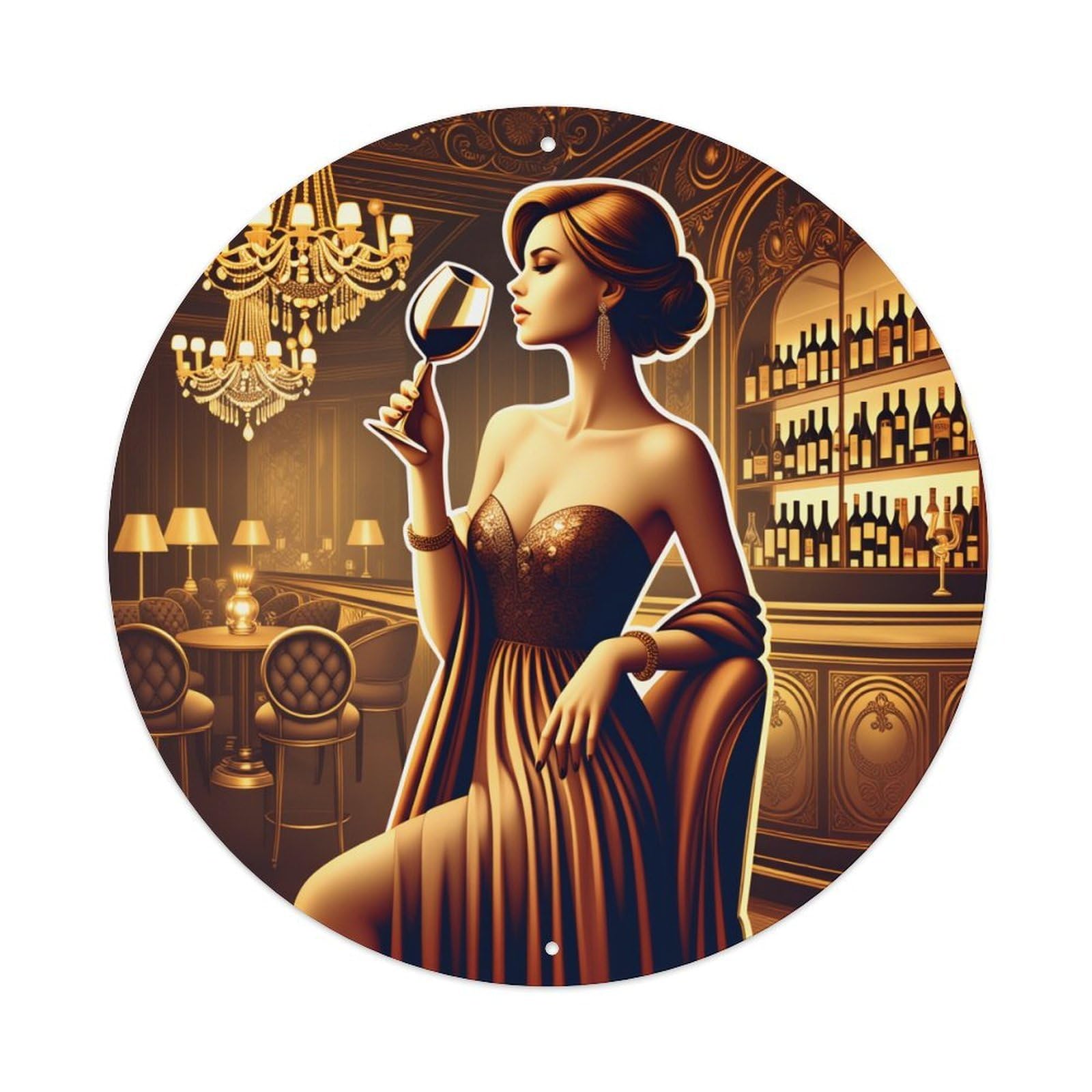 Elegant Woman Wine Glass Bar Round Tin Sign Vintage Metal Poster Retro Bar, Home, Man Cave, Kitchen, Laundry Room Wall Art Decor Gift 8x8Inch