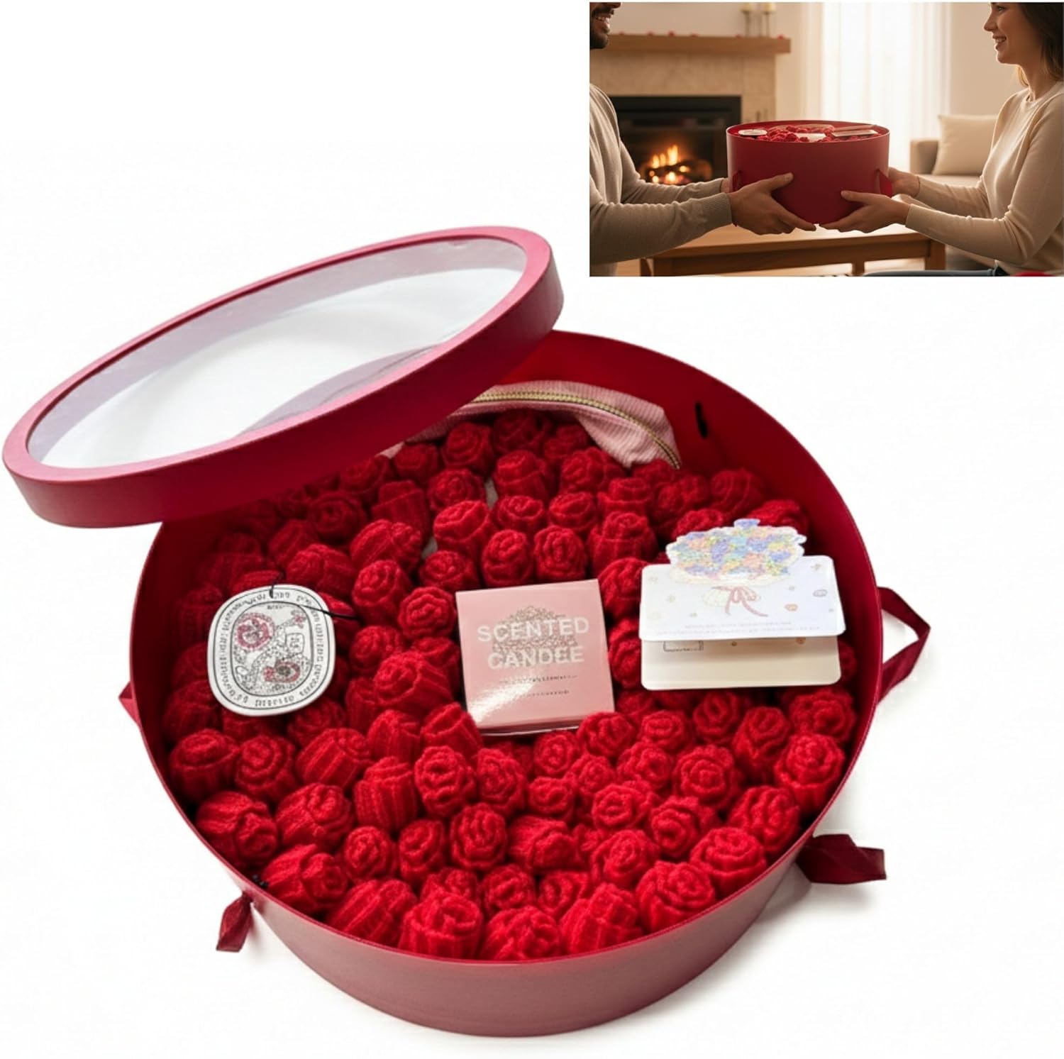 Mothers Day Gifts Care Package for Women, Crochet Flower Bouquet 99 Rose Blanket Gift Set Enchanted Handmade Bloomie Throw Blanket with Eye Mask, Candle, Cosmetic Pouch – Birthday Valentine’s Presents