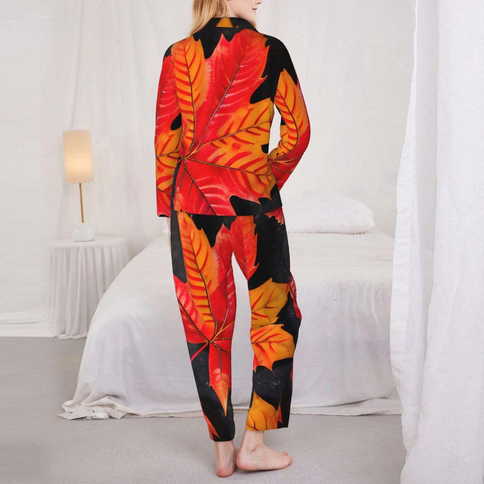 Autunno Foglie Rosse Stampa Delle Donne A Maniche Lunghe Pigiama Set Lounge Sleepwear Accogliente Nightwear Loungewear Tutti