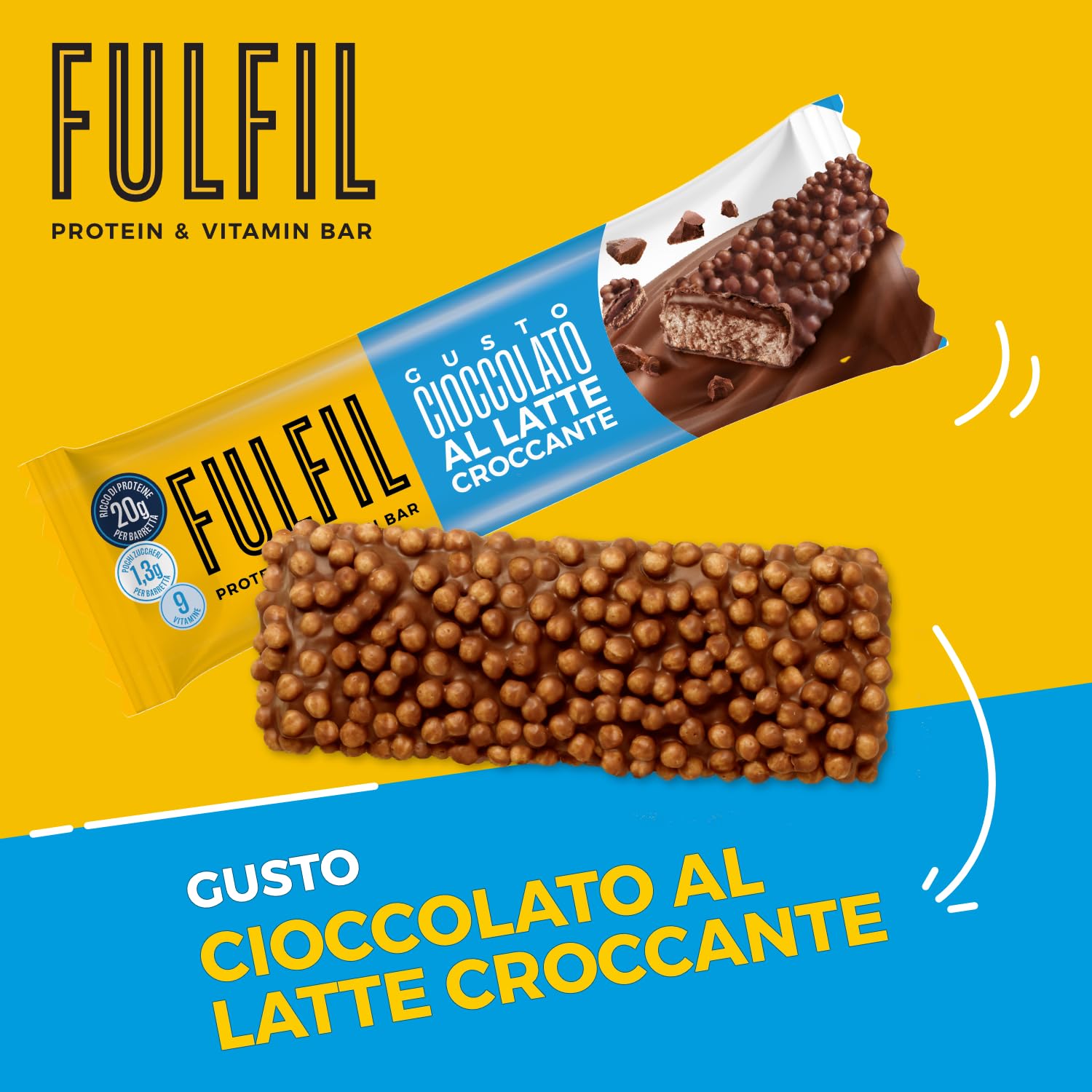 FULFIL - 15 Barrette Proteiche da 55 Grammi, Gusto Cioccolato Croccante al Latte con 9 Vitamine e Pochi Zuccheri, Confezione da 825 Grammi
