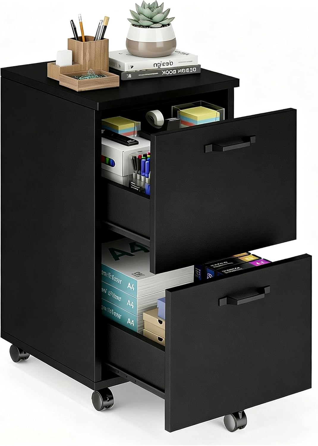 2 Drawer Filing Cabinet, Wood Rolling Filing Cabinets with Printer Stand, Under Desk Storage Lockable Wheels, Home Office Organizer for A4 Letter Legal Size Documents,Black