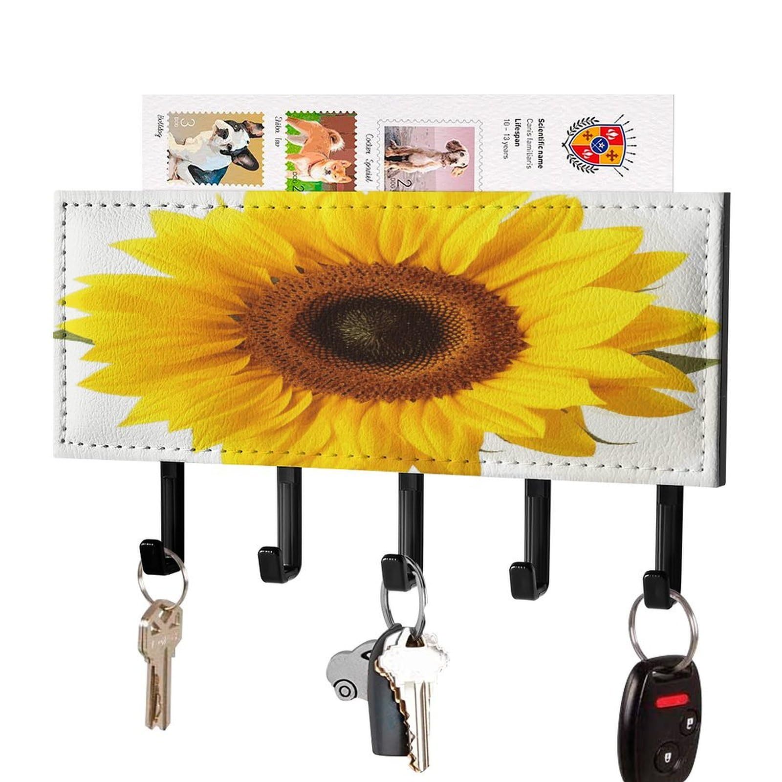 LDGSUPH Sunflower Isolated Key Holder Wall Mount Key Hanger with 5 Hooks Fashion Key Organizer Rack Hanging Key Hooks with Mail Organizer Key Rack for Home Entryway Hallway Black-Style
