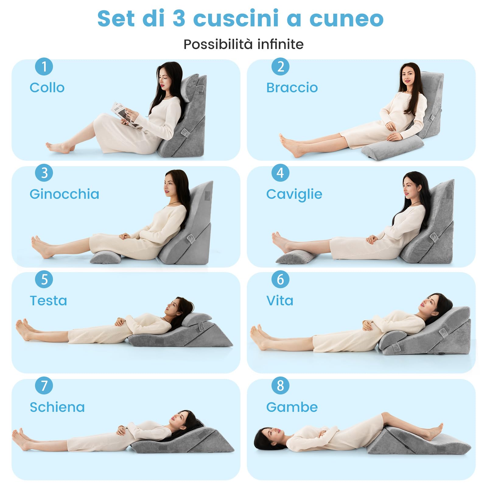 COSTWAY Set di 3 Cuscini a Cuneo per Letto con Copertura Lavabile