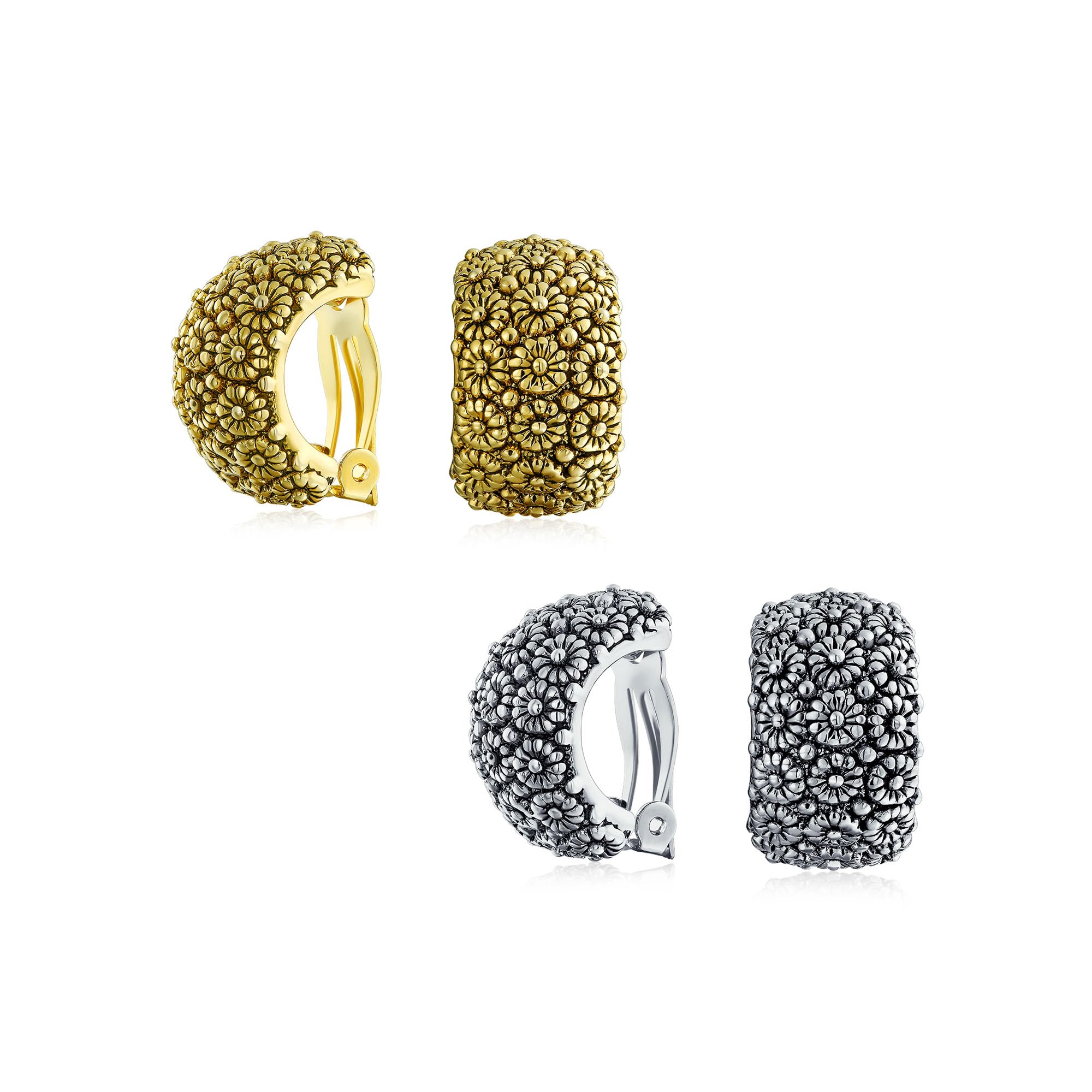 Juego de dos pendientes de clip anchos con diseño de girasol tallado para mujer, para orejas no perforadas, en tono plateado oxidado y dorado.