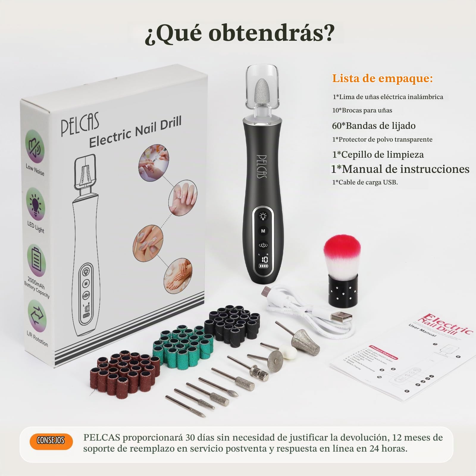 PELCAS Torno para Uñas 10 velocidades Torno para Uñas Profesional Inalámbrico con Pantalla LCD y Luz LED Lima Eléctricas Uñas Recargables Set de Manicura y Pedicura para Salón DIY