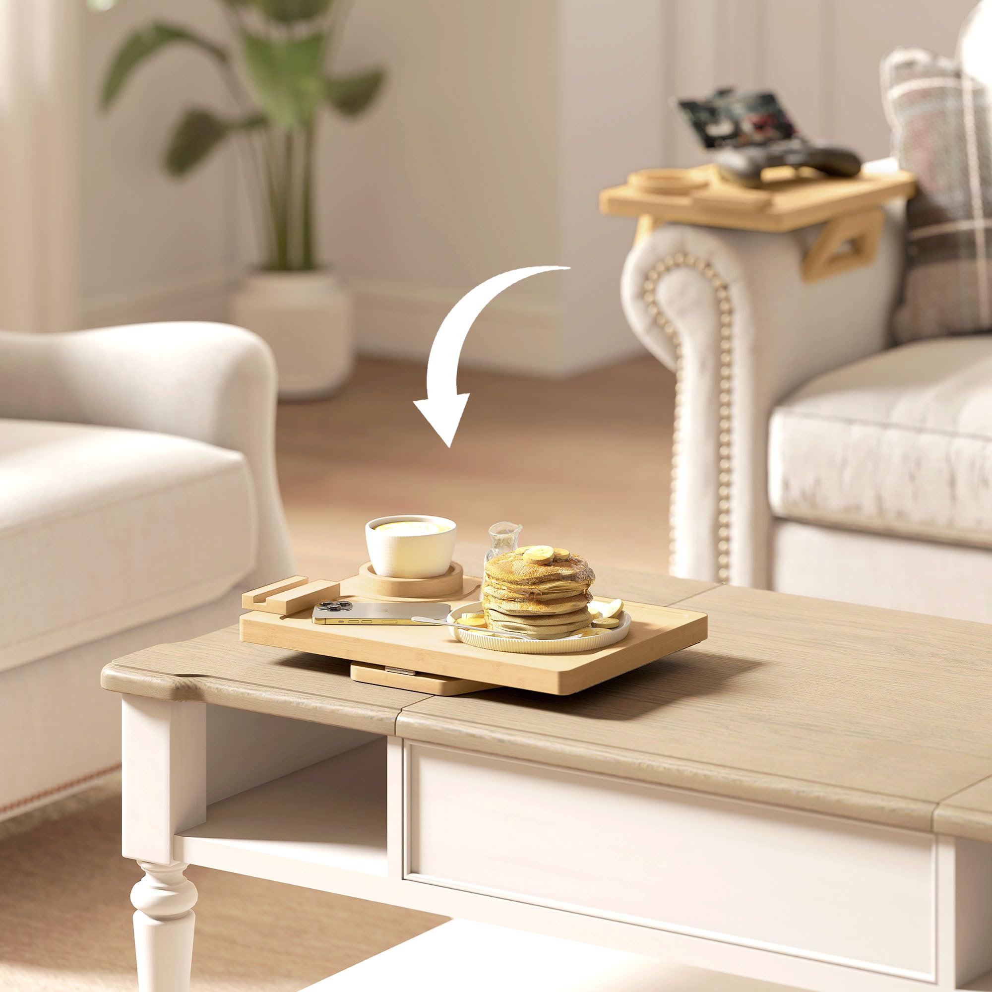 HOMCOM Plateau d'accoudoir de canapé en Bambou Flexible, Plateau d'accoudoir de canapé avec Porte-gobelet Amovible, Table d'appoint à charnière avec Support pivotant à 360° pour téléphone,