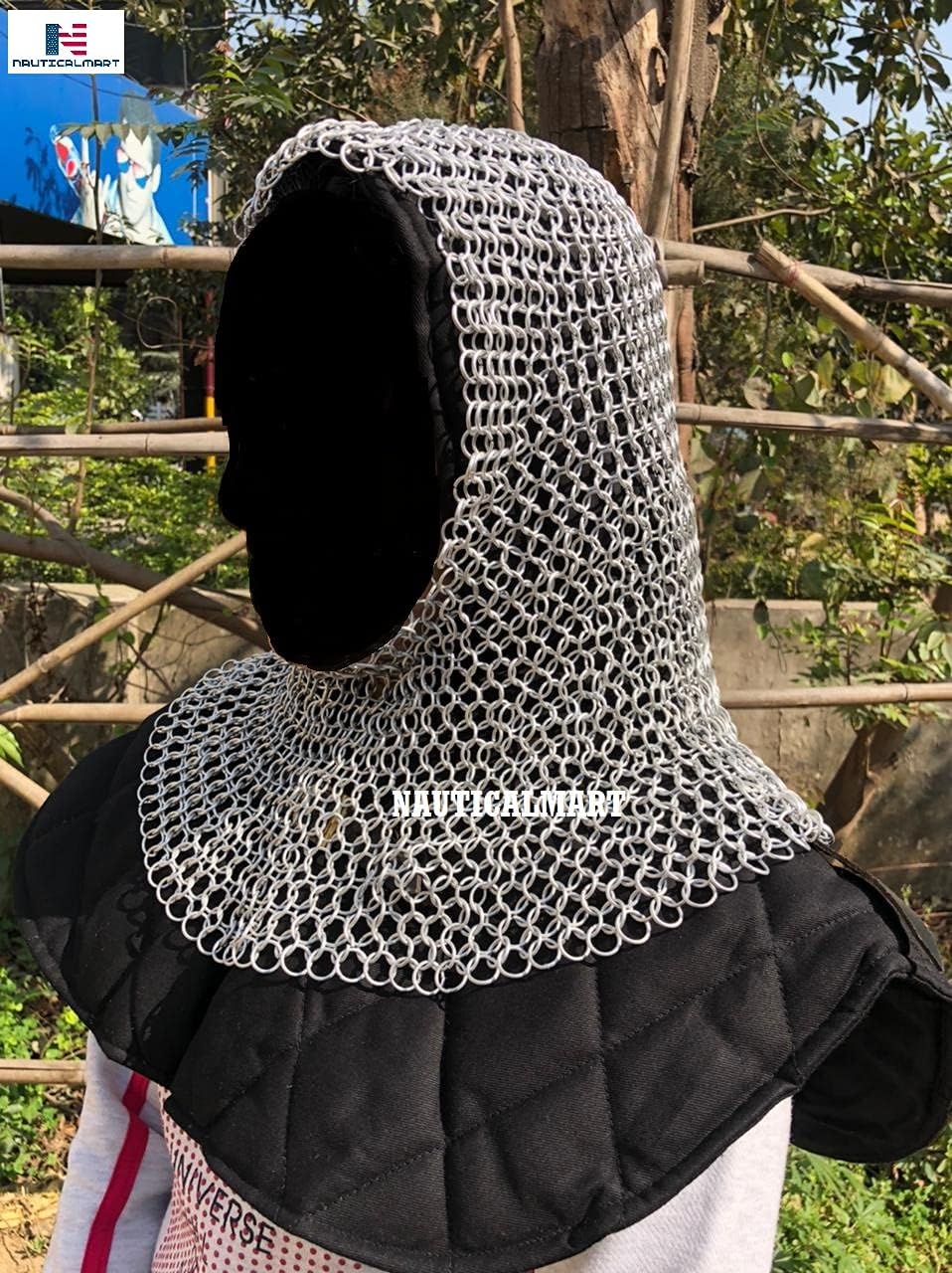 Nautical-Mart Chain Mail Hood Coif Round Neck Chainmail Reenactment LARP Role Play Silver