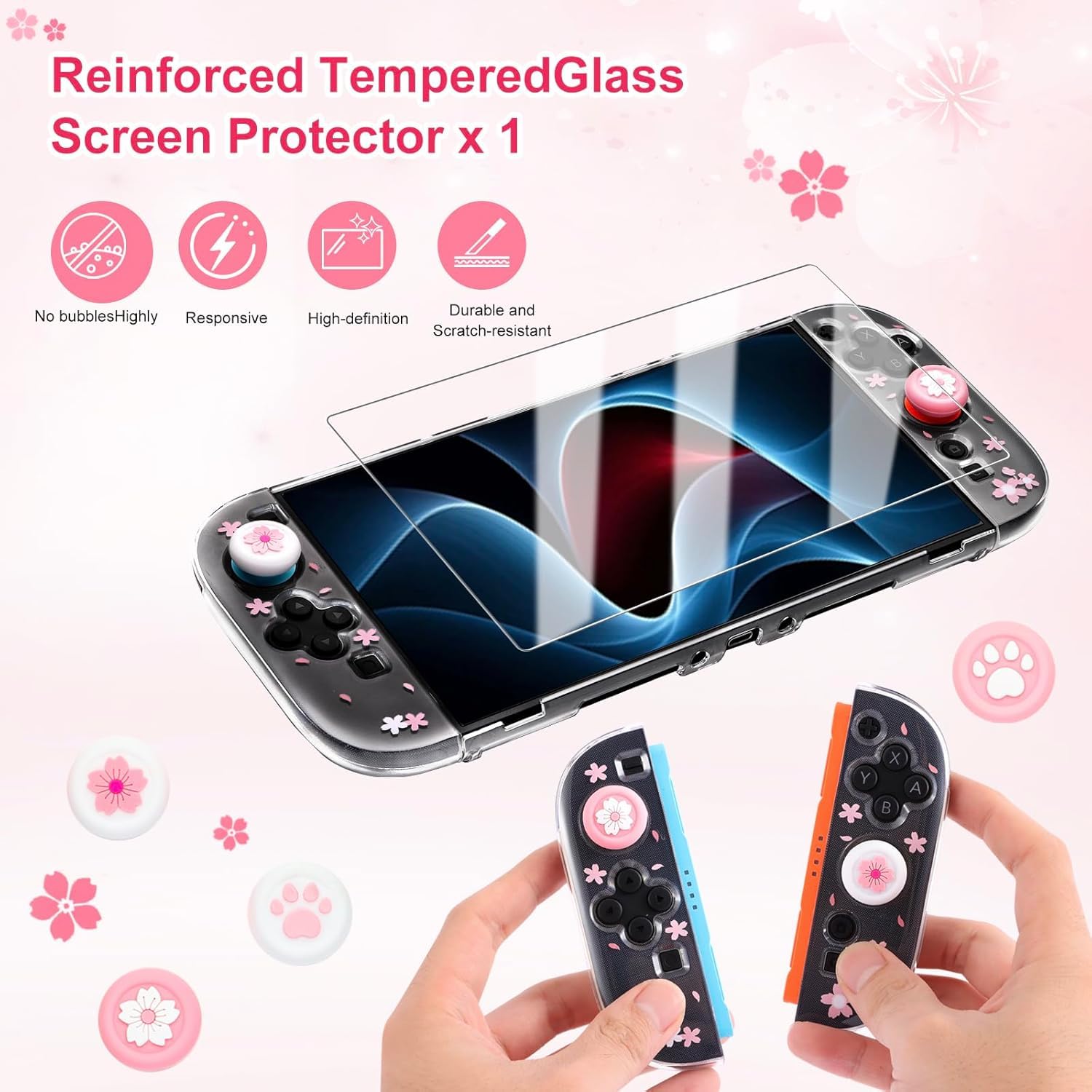 OLDZHU Hülle kompatibel mit Nintendo Switch 2 (2025) mit Displayschutz Aus Gehärtetem Glas und 4 Daumenkappen,Rosa Dockable Schutzhülle,Schockabsorption und Geteilte Konstruktion (Kirschblüten) - 5