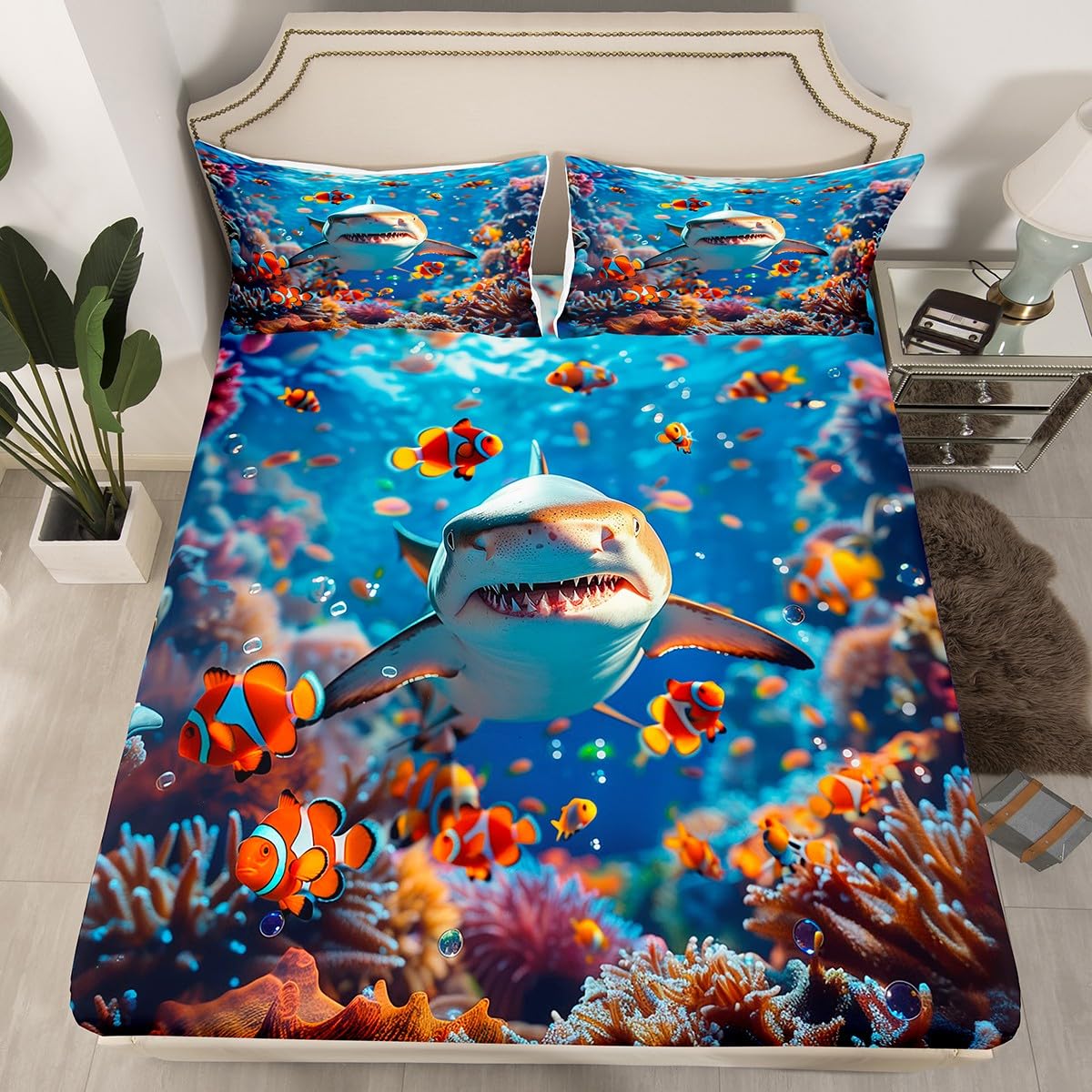 Erosebridal Shark Fitted Sheet Queen Size Kids Ocean Under The Sea Life Bed Sheets for Kids Teens Adults Underwater Fish Bed Set Coral Fish Sea Animal Sheets with Deep Pocket