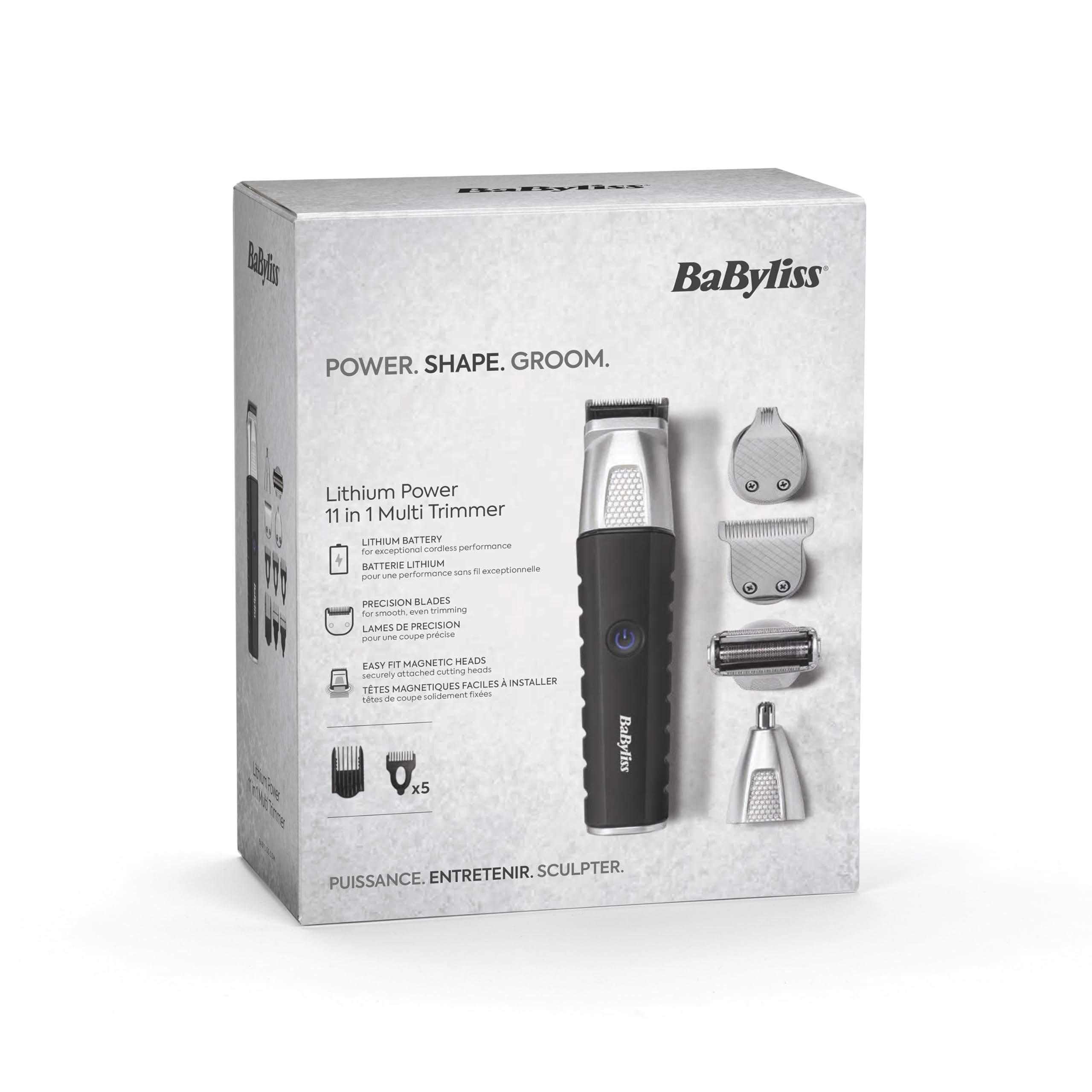BaByliss Lithium Power 11 w 1 Multi-Trimmer - bezprzewodowy zestaw do pielęgnacji, w tym trymer do brody i trymer do nosa, wodoodporny, prezent dla mężczyzn, czarny/szary, MT812E