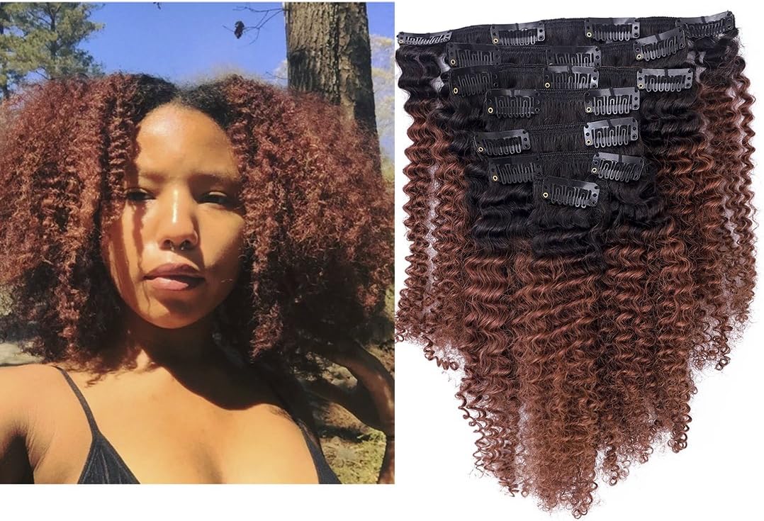 Ombre Remy Clip in Human Hair Extensions Afro Kinky Curly 4B 4C 100% Natural Black Hair Extensions 10-22 inch Two Tone T#1B/99J Burgandy Wine Red Full Head (16 inch, Ombre #1B/33 AC)