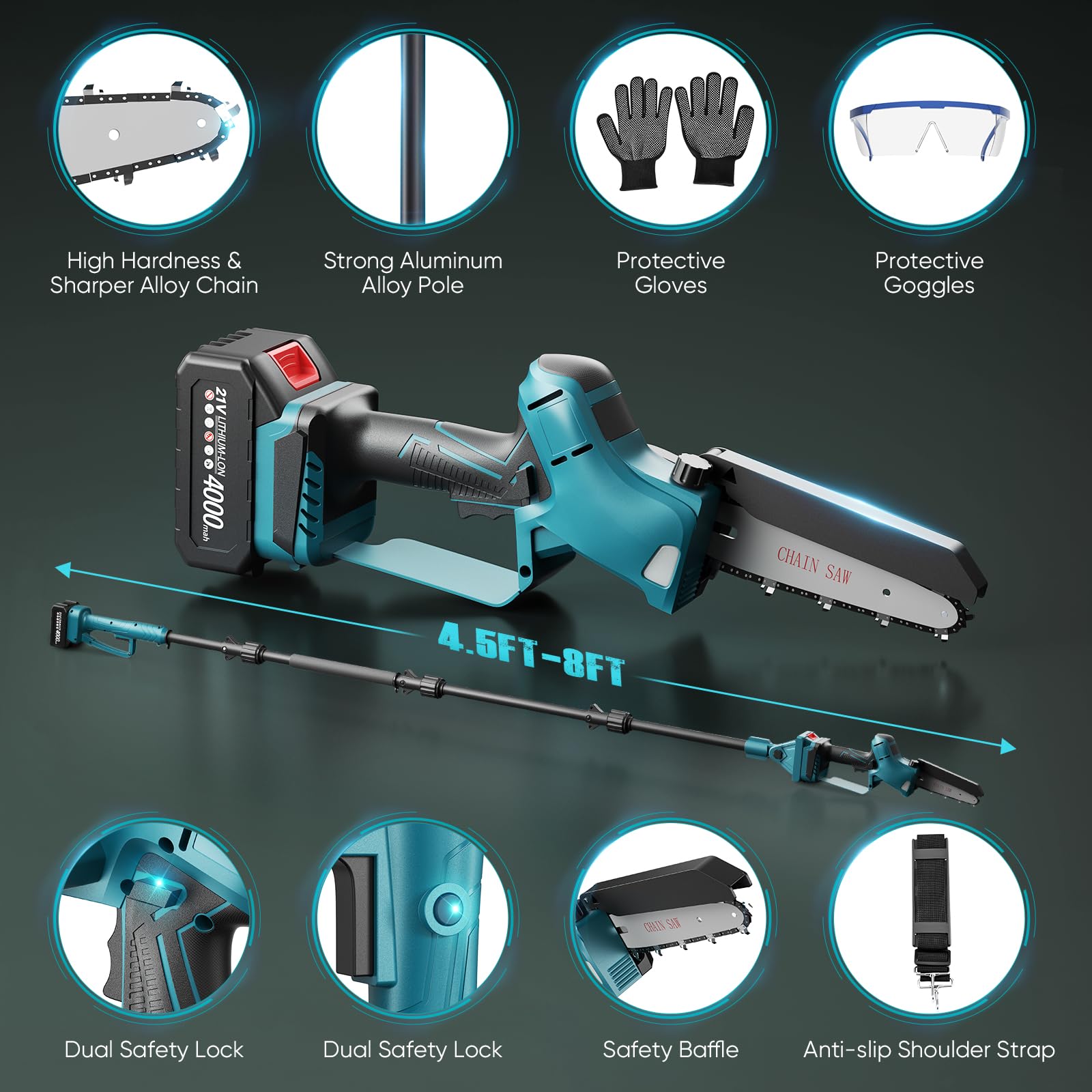 Motosega Telescopica A Batteria 1.8M - Svettatoio Elettrico Per Potatura Alberi E Giardini - Foto 8