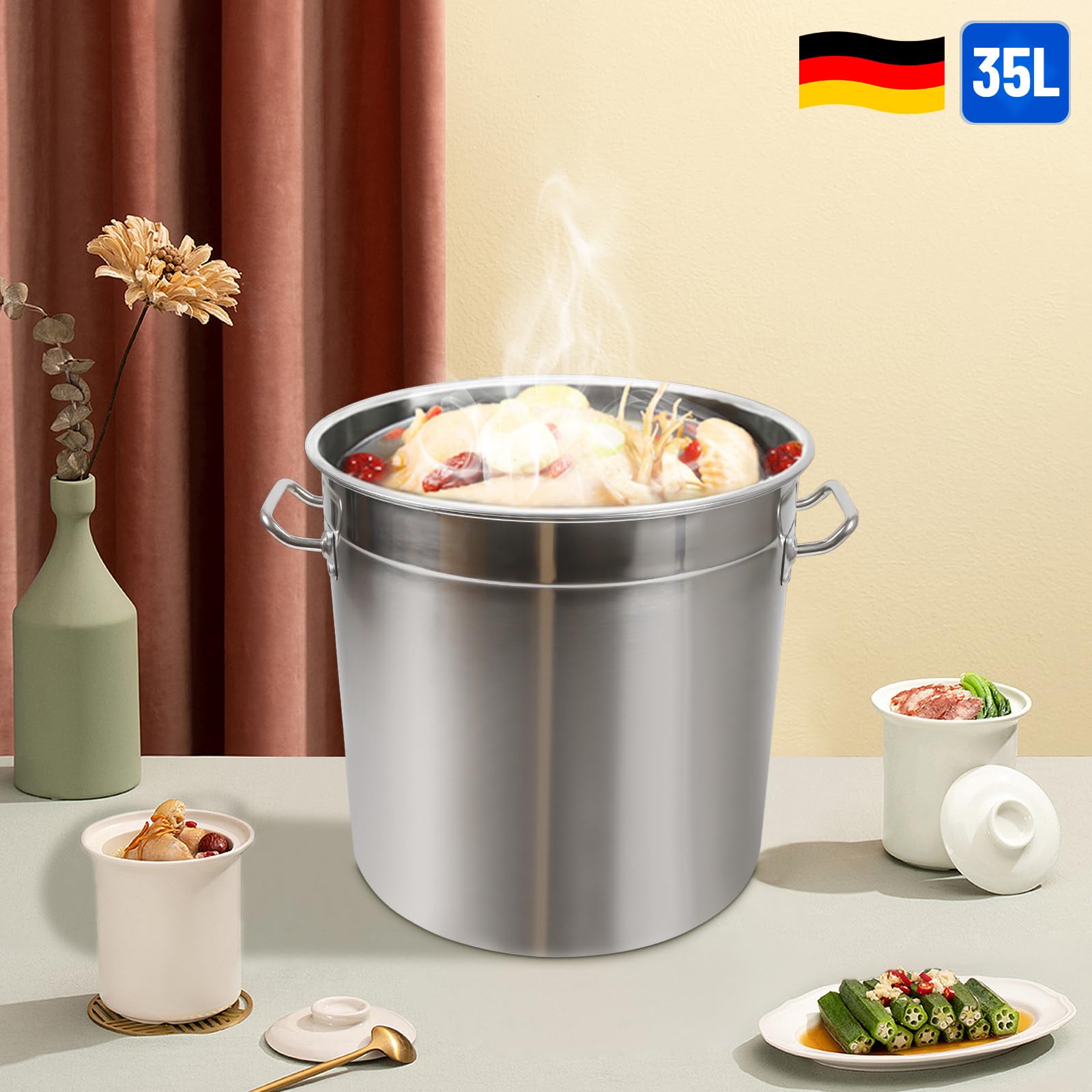 Olla grande de acero inoxidable de 35 litros, diámetro de 37 cm x 36 cm, olla universal para inducción, cacerola, cacerola, cacerola, cacerola de acero inoxidable, para todo tipo de cocinas y cocinas