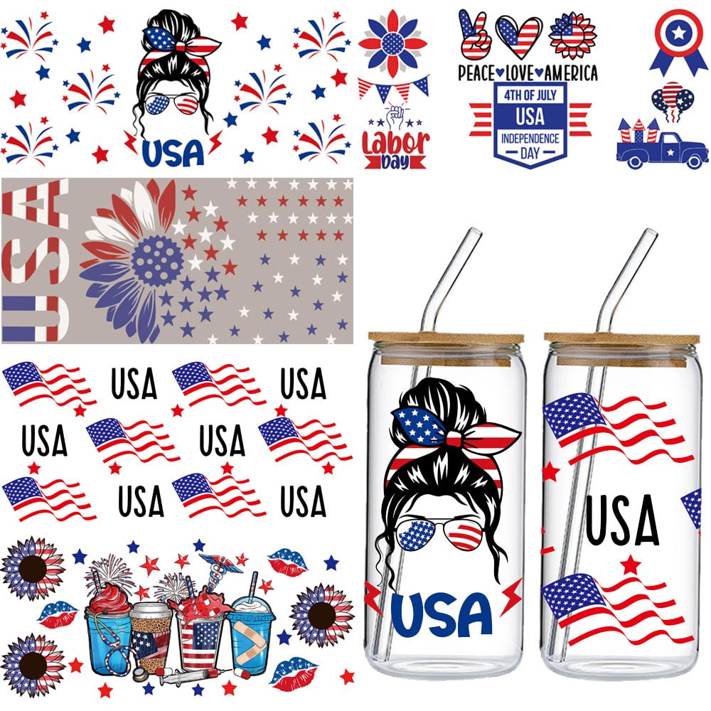5 Sheets 4th of July UV DTF Cup Wraps USA Independence Day Uvdtf Cup Wrap Stickers Patriotic Personalized Design Waterproof Rub on Transfer Film