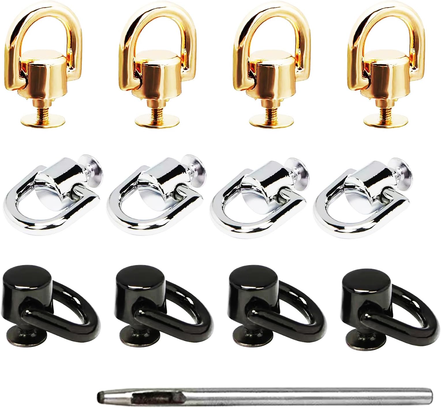 D Rings for Purse Hardware for Bag Making, 12 PCS Metal D Ring and Stud Screw, 360 Degree Rotatable D Rings for Purse, Bag Hardware, Dog Buckles, Purse, DIY Handcraft, Leather Accessories- 3 Color