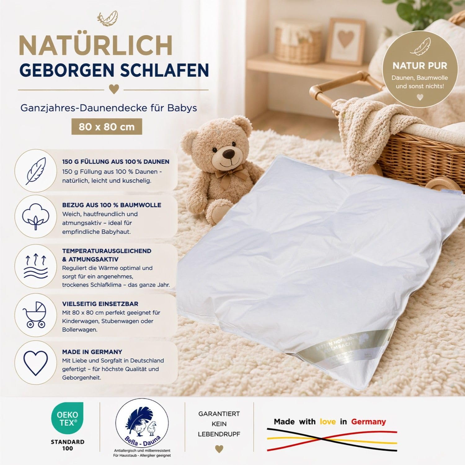 Betten Hofmann leichtes Baby Ganzjahres Daunenbett 80x80 cm, Babydaunendecke, Bettdecke, 100% Neue Daunen, leicht und kuschelig, waschbar, 100% Natur