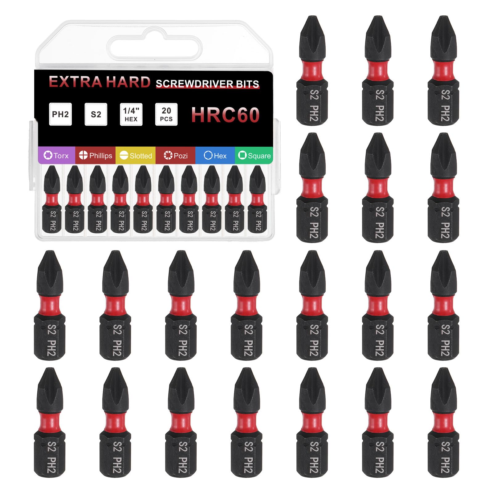 sourcing map 20pcs PH2 Phillips Screwdriver Bit 1/4" Hex Shank 25mm/1" Length Magnetic Cross Head Hex Bits S2 Steel Screw Driver Bit for Impact Electric Screw Driver Power Tools