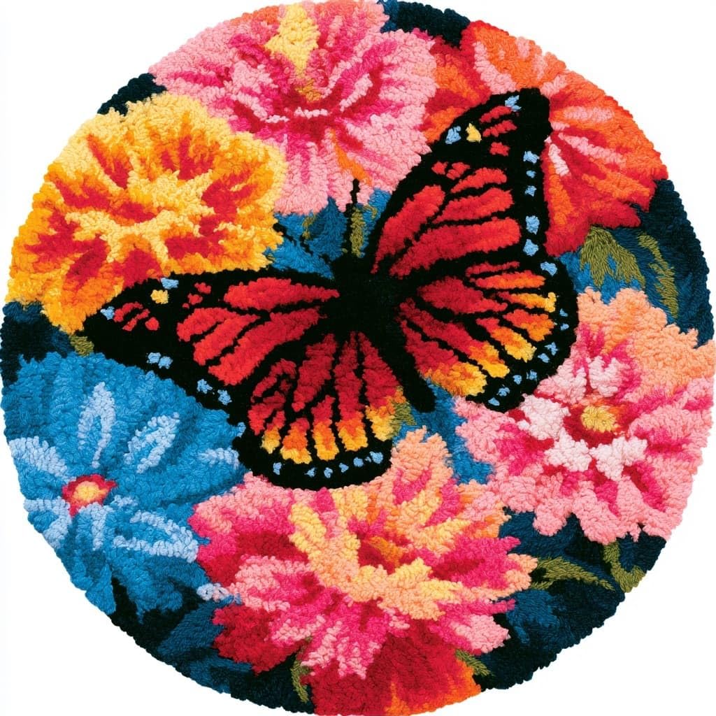AMBATTERY Round Shape Latch Hook Kits Rug,Butterflies and Flowers