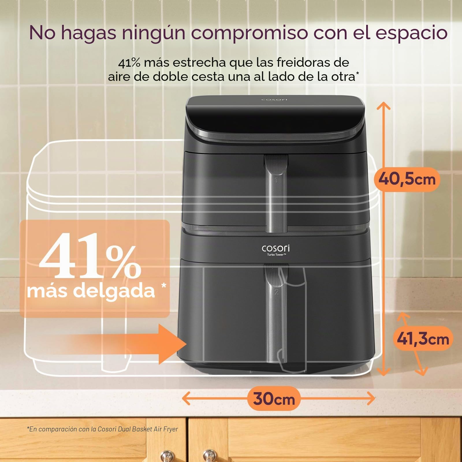 Cosori Air Fryer Turbo Tower 10,8L, Freidora sin aceite con 2 cajones, 3 niveles de cocción, 6 en 1, diseño compacto y apilable, 41 por ciento menos grande que los Airfryer Tradicionales, 300+ recetas