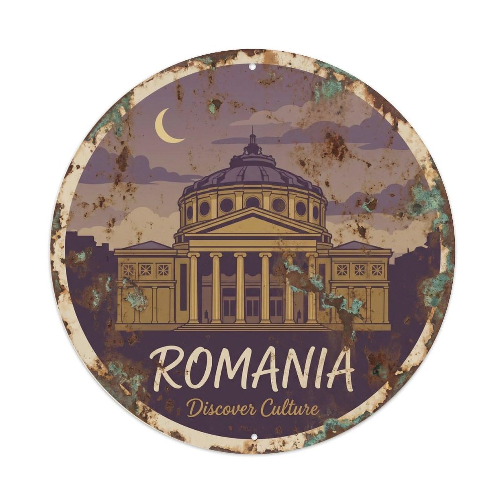 Fqcyn Style Vintage Travel Romanian Athenaeum Discover Metal Tin Sign
