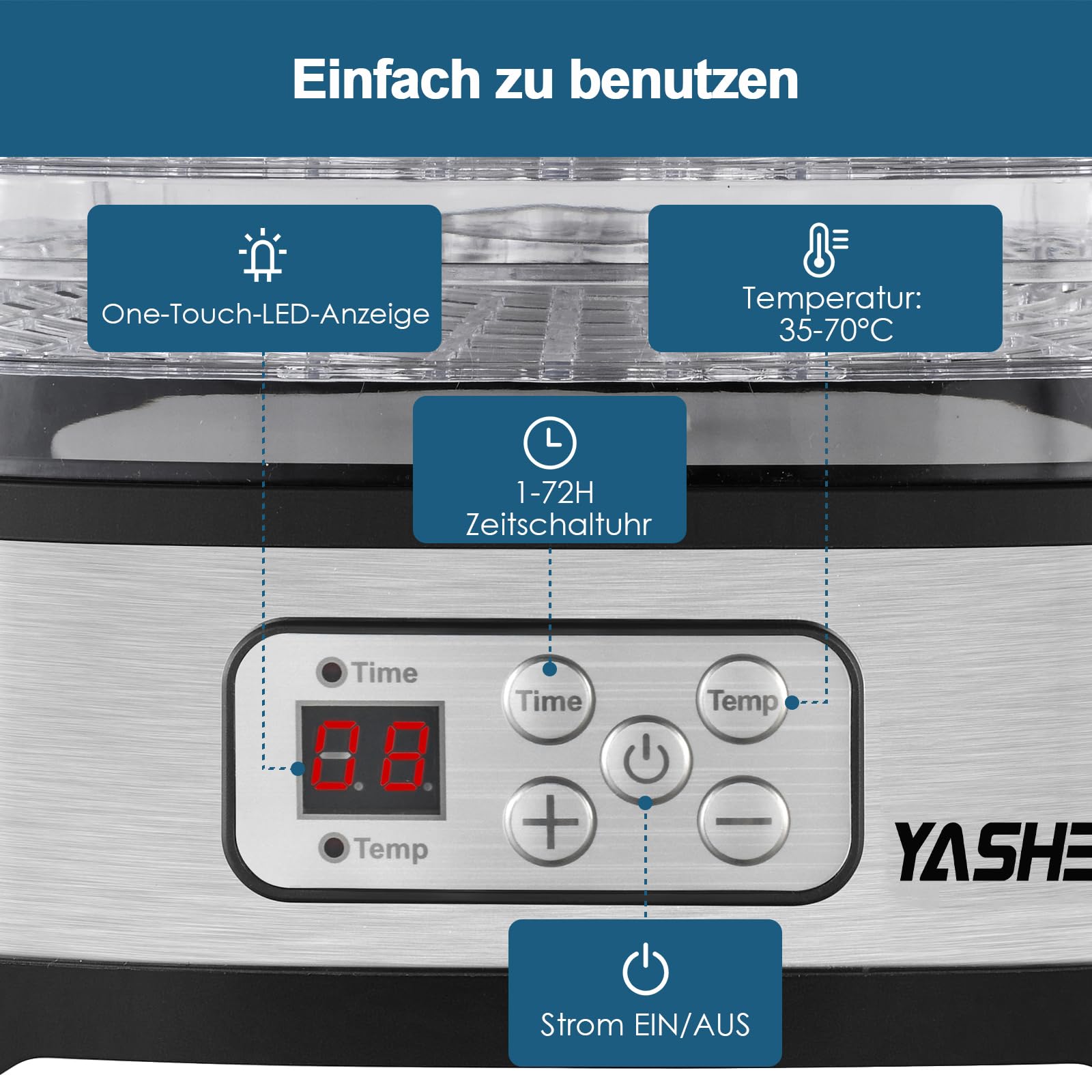 YASHE GGJ-261B Dörrautomat mit LED-Display, Temperaturregelung 35-70°C & 72-Stunden-Timer, 5 höhenverstellbaren Tabletts, Dörrgerät für Obst und Gemüse, 240 Watt, BPA-frei