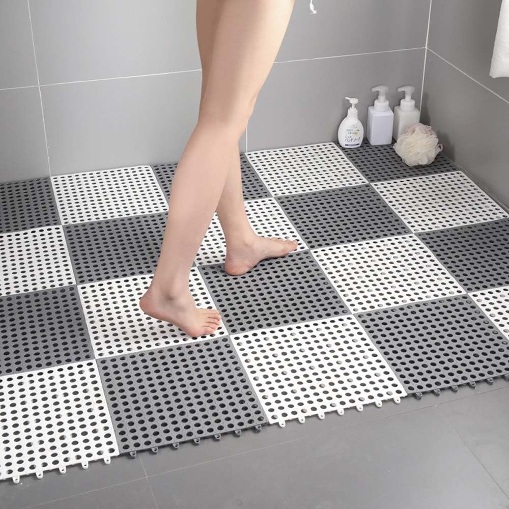 Bathroom Mat, Interlocking Rubber Floor Tiles Soft PVC Non-Slip Tile Splicing Shower Mat Outdoor Cushion Mat for Bathroom, Deck, Drain, Pool, Patio, Balcony (A,10Pcs/30x30cm)
