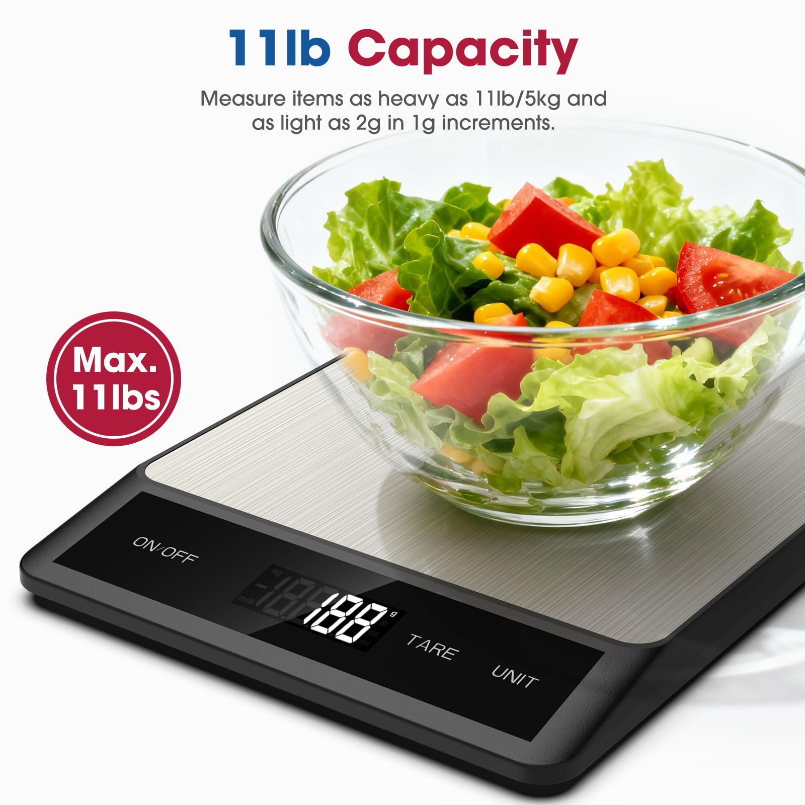 Mik-Nana Bilancia digitale da cucina con 6 unità funzione tara e display LCD, 5 kg in acciaio inox, peso grammi e once per cottura, cottura e preparazione dei pasti (batterie incluse)
