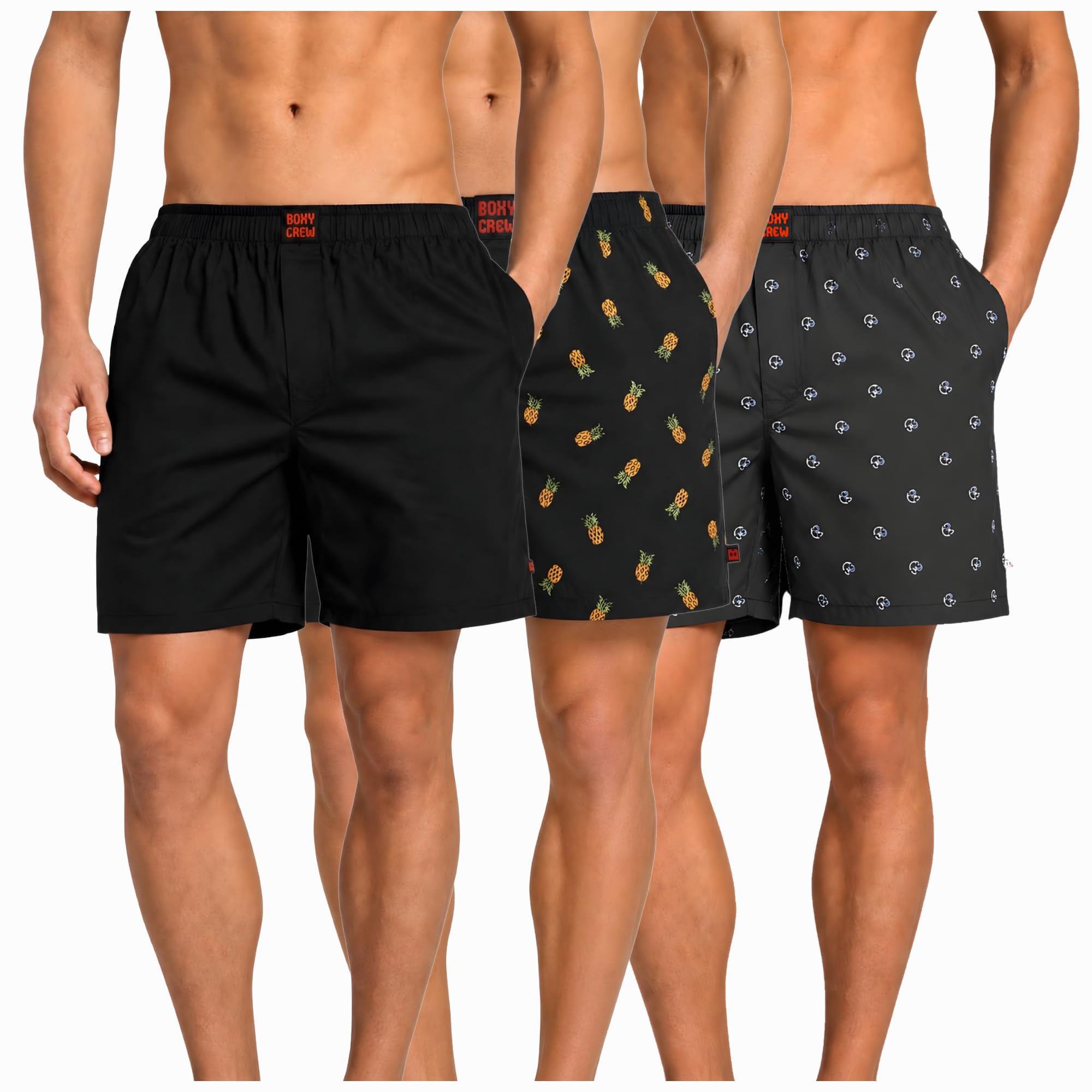 Men's 100% Cotton Boxer Shorts Pack of 3, Black, Charcoal & Navy Blue | Woven Boxers with Side Pockets, No-Marks Elastic Waistband, Breathable Relaxed Fit | Style 001-004-009-picture-40