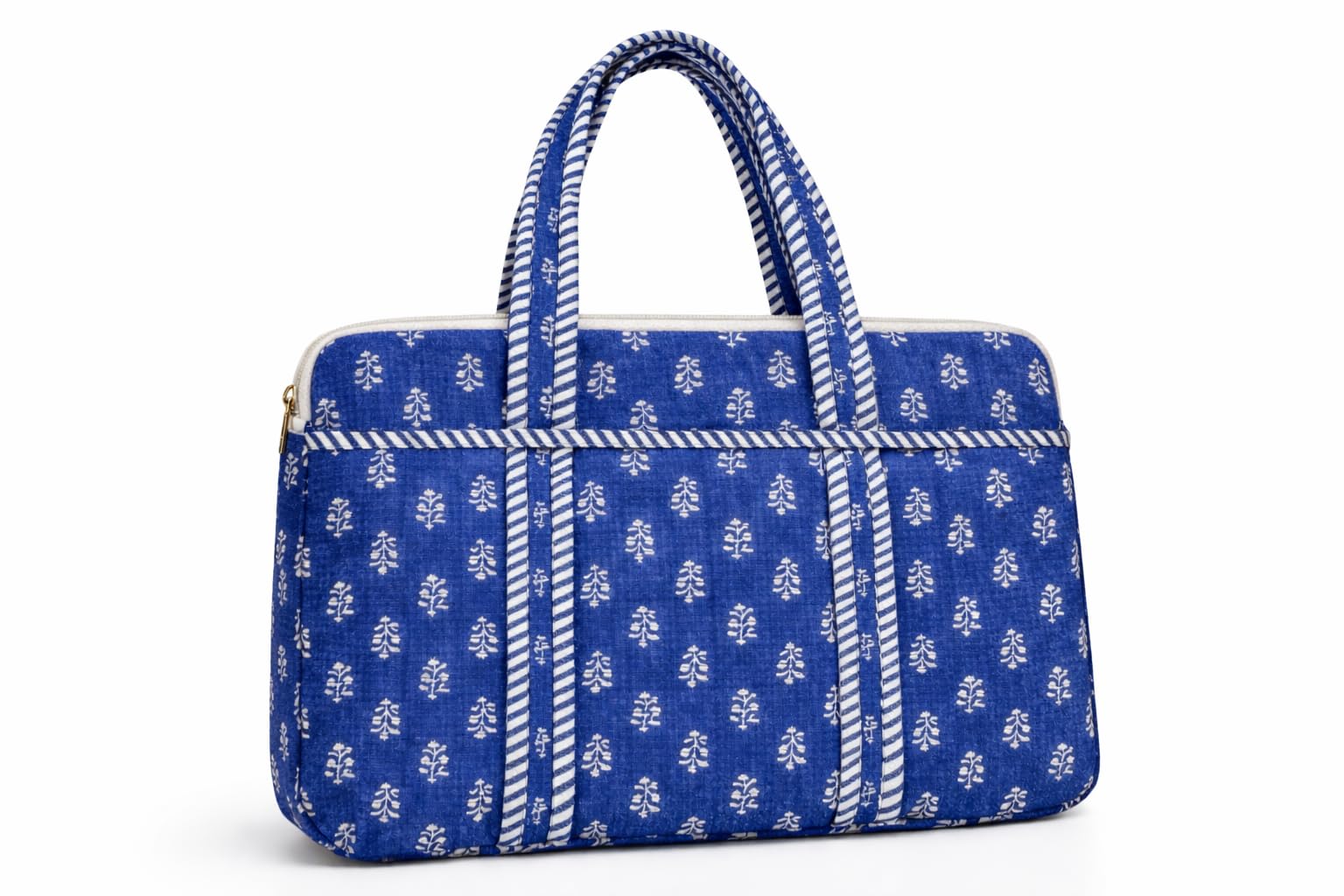 Quilted Laptop Bag, Blue Printed Cotton, 16x12 Inches, Padded Laptop Sleeve with Handles and Front Pockets-image-41