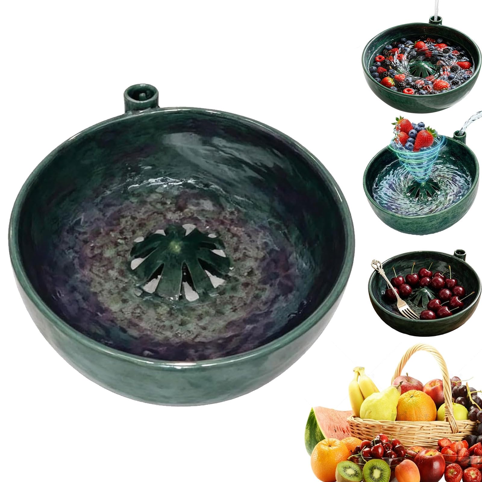 Self Spinning Berry Washing Bowl Ceramic with Drain Holes – 360° Automatic Swirl Fruit & Vegetable Washer, Self Rotating Fruit Basket,Quick Wash Kitchen Tool for Berries Grapes Cherry Tomatoes (1PC)