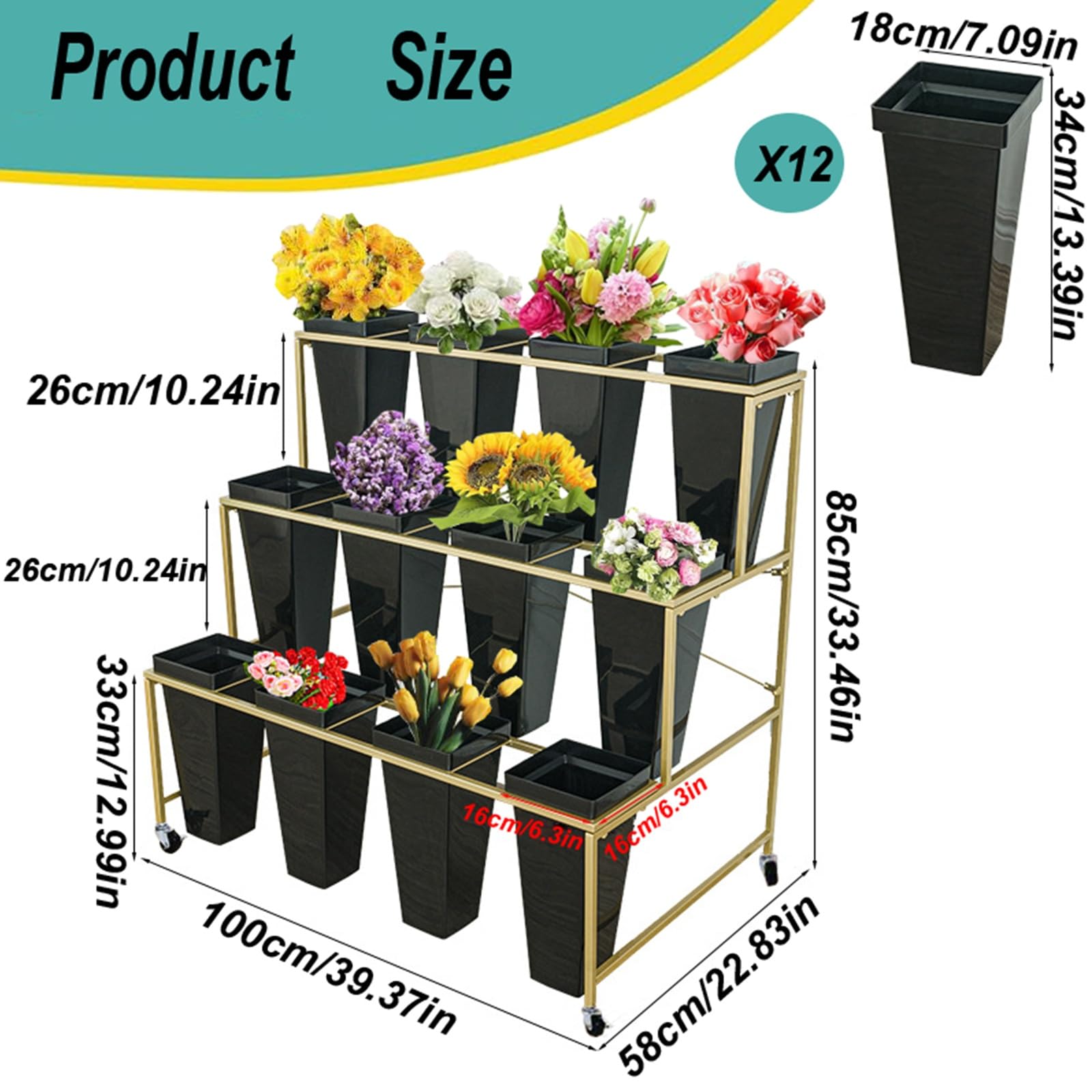 Espositore per fiori con 12 secchi, supporto per piante a 3 livelli con ruote, in metallo, per fiorai, negozi, interni, esterni, patio, giardino, balcone, porta piante