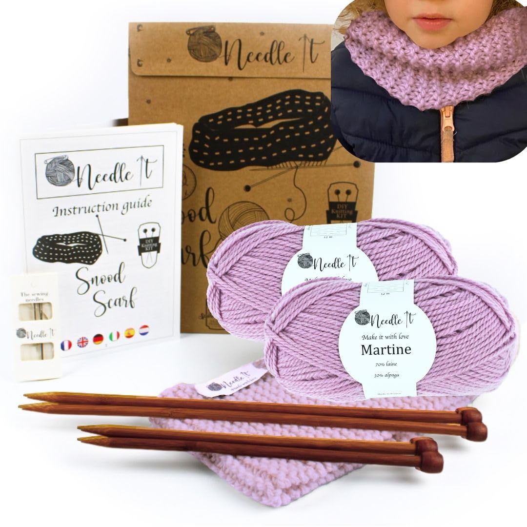 Needle It® Kit da maglia per principianti con ferri da calza - Snood da lavorare a maglia da soli - Per bambini o adulti - Idea regalo - Tempo libero creativo - Rosa