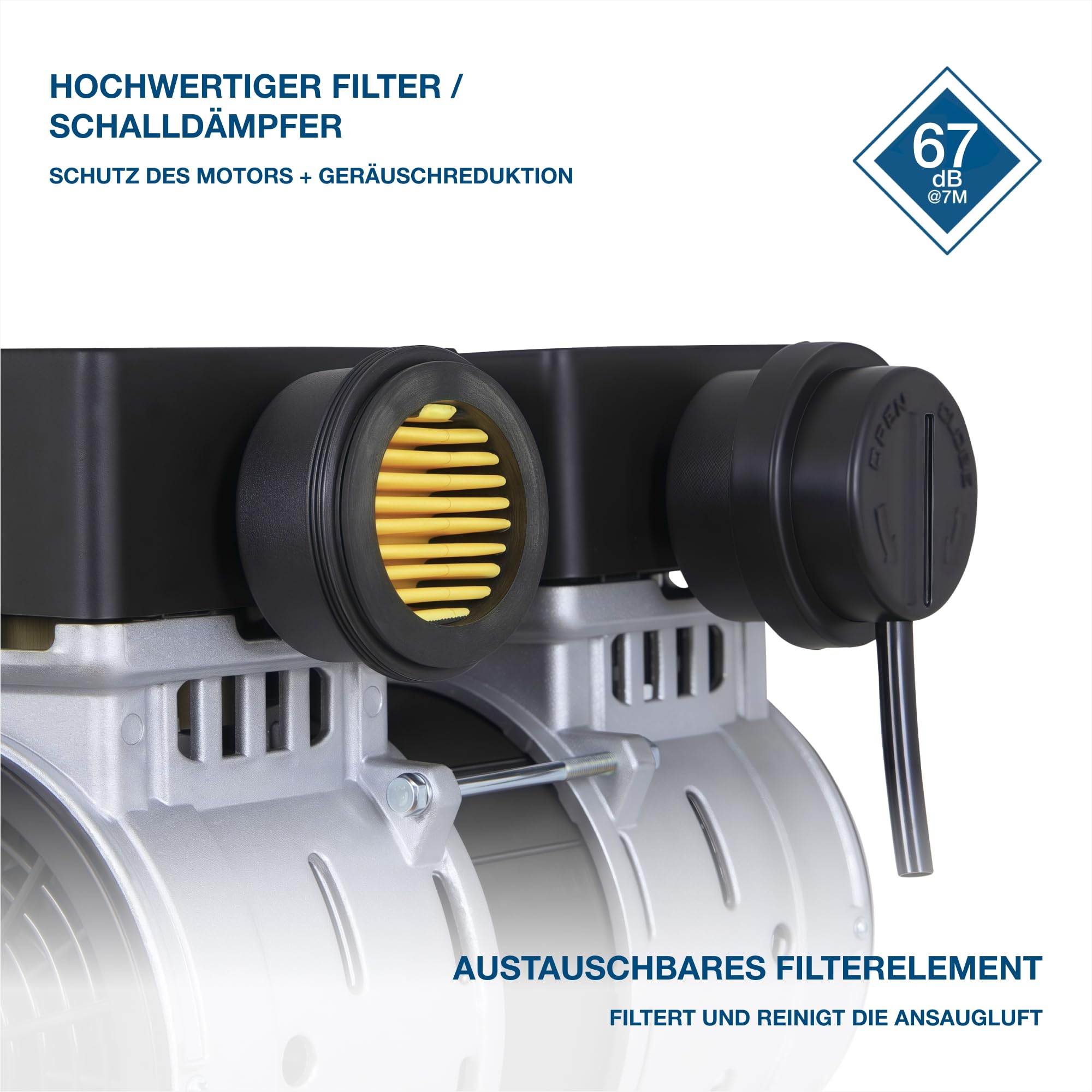 HYUNDAI Silent Kompressor SAC15024 SET | 24L Kessel | 1.5kW (2PS), 9bar | 202 L/Min Ansaugleistung | Luftkompressor leise, ölfrei | 1 Anschluss | geräuscharmer Flüsterkompressor | mit Zubehör