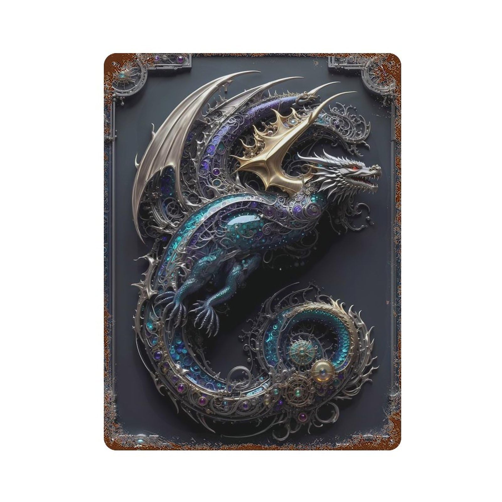 Aged Metal Wall Plaque with Dragon Wings Art Deco Design 15.7"x11.8", for Shed, Workshop And Garage Wall Decor, Decorative Metal Wall Art