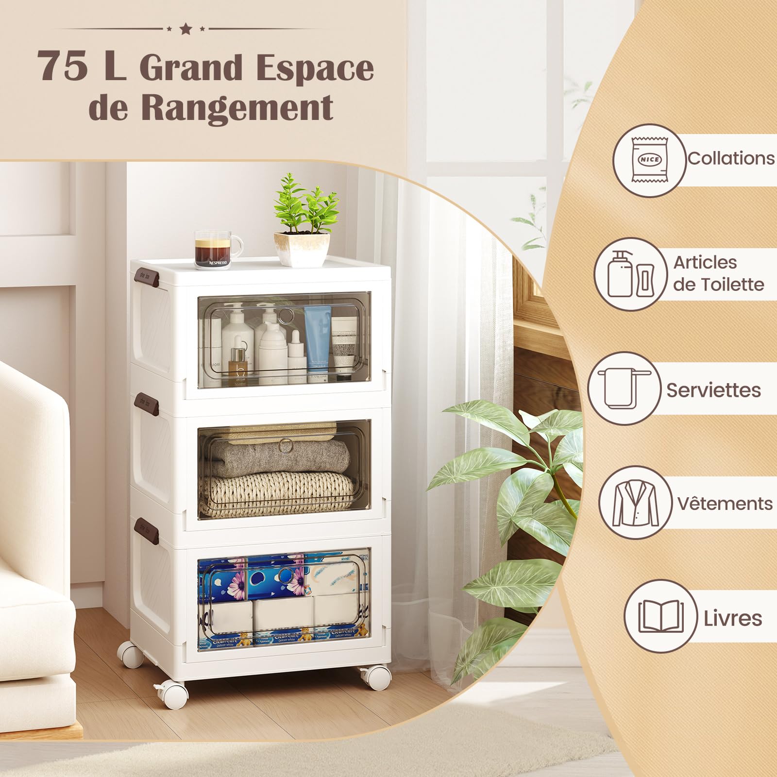 COSTWAY Boîtes Rangement Plastique 75/105 L, Caisses Pliables avec Roues, Porte et Couvercle, Poignée Anneaux, Porte Magnétique, Rangement Vetement, Livres, Jouets (75 L)