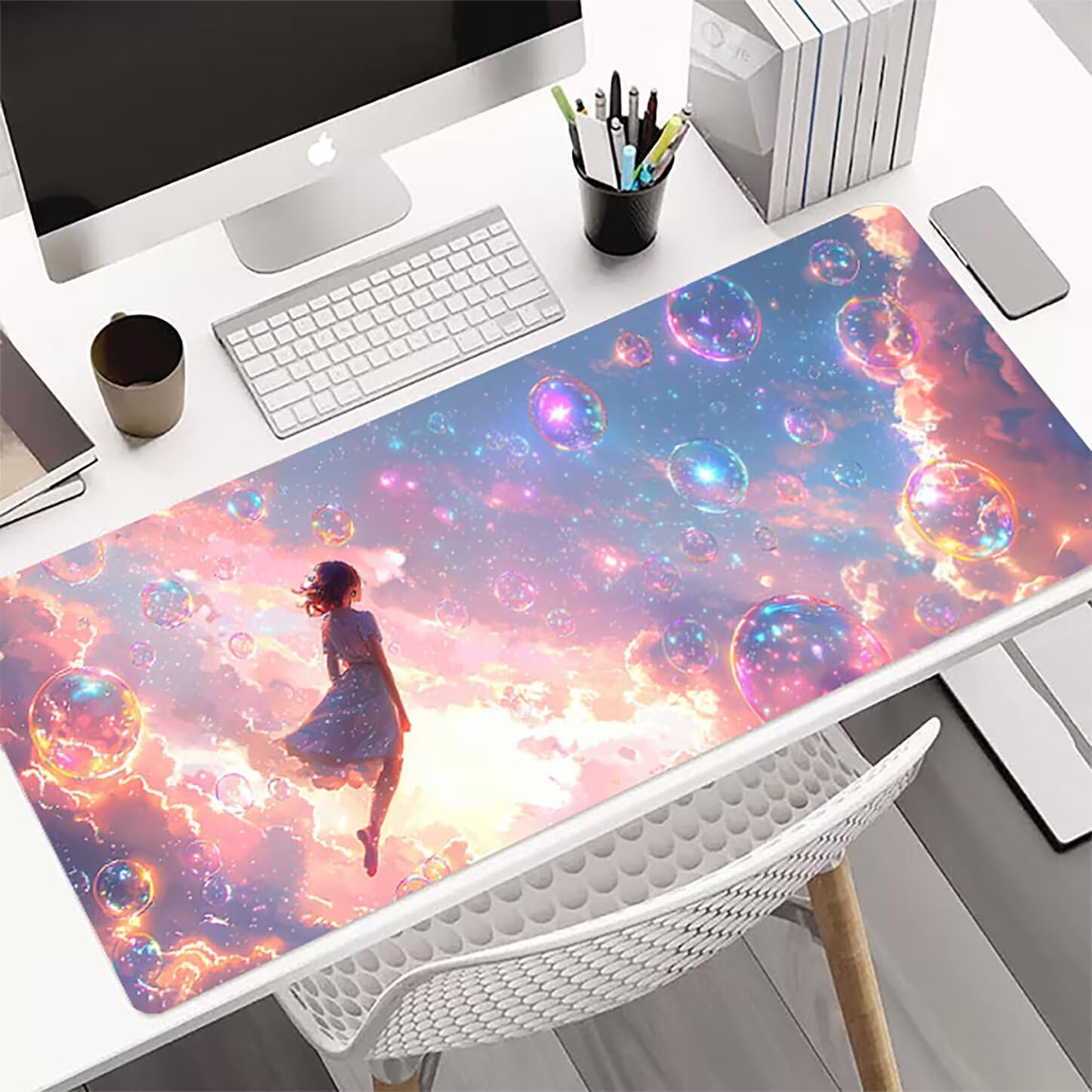 Lpfieonn Anime Großes Schreibtischunterlage, XXL Schreibtischunterlagen, Blau XXL Wasserdicht Gaming Mousepad mit Vernähter Rand und Rutschfeste Gummibasis, für Laptop/Hause/Büro 120x60cm PF-3793