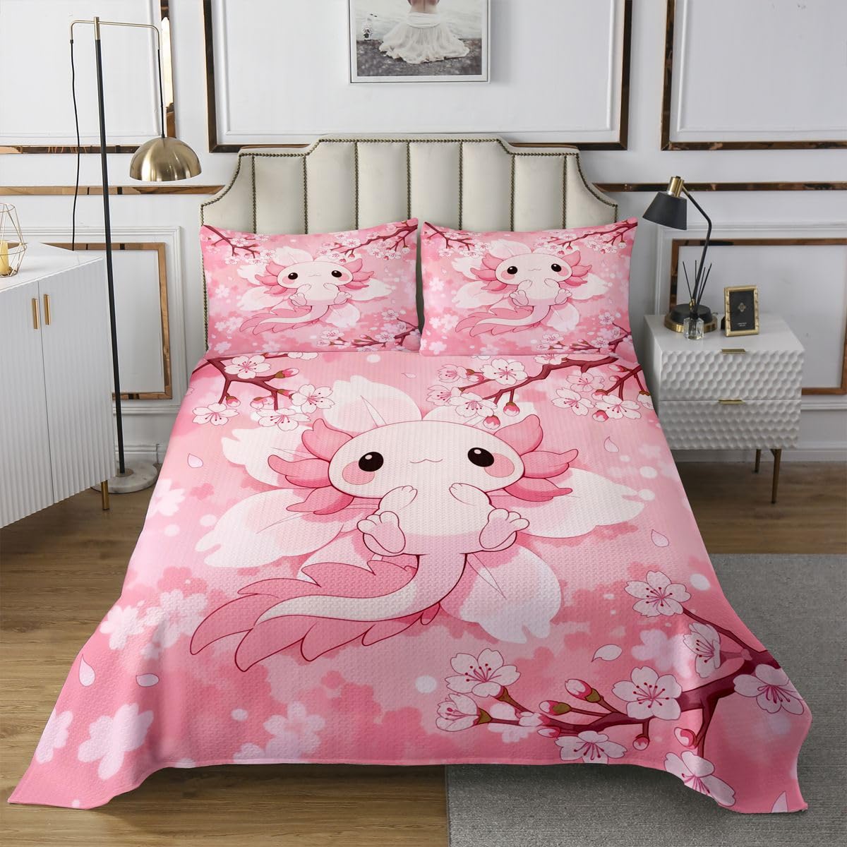 Słodka narzuta Axolotl rozmiar L, kreskówka, salamandra, romantyczne kwiaty wiśni, zestaw pościeli dla dorosłych, nastolatków, marzycielskie zwierzątko Kawaii, 2 poszewki na poduszki