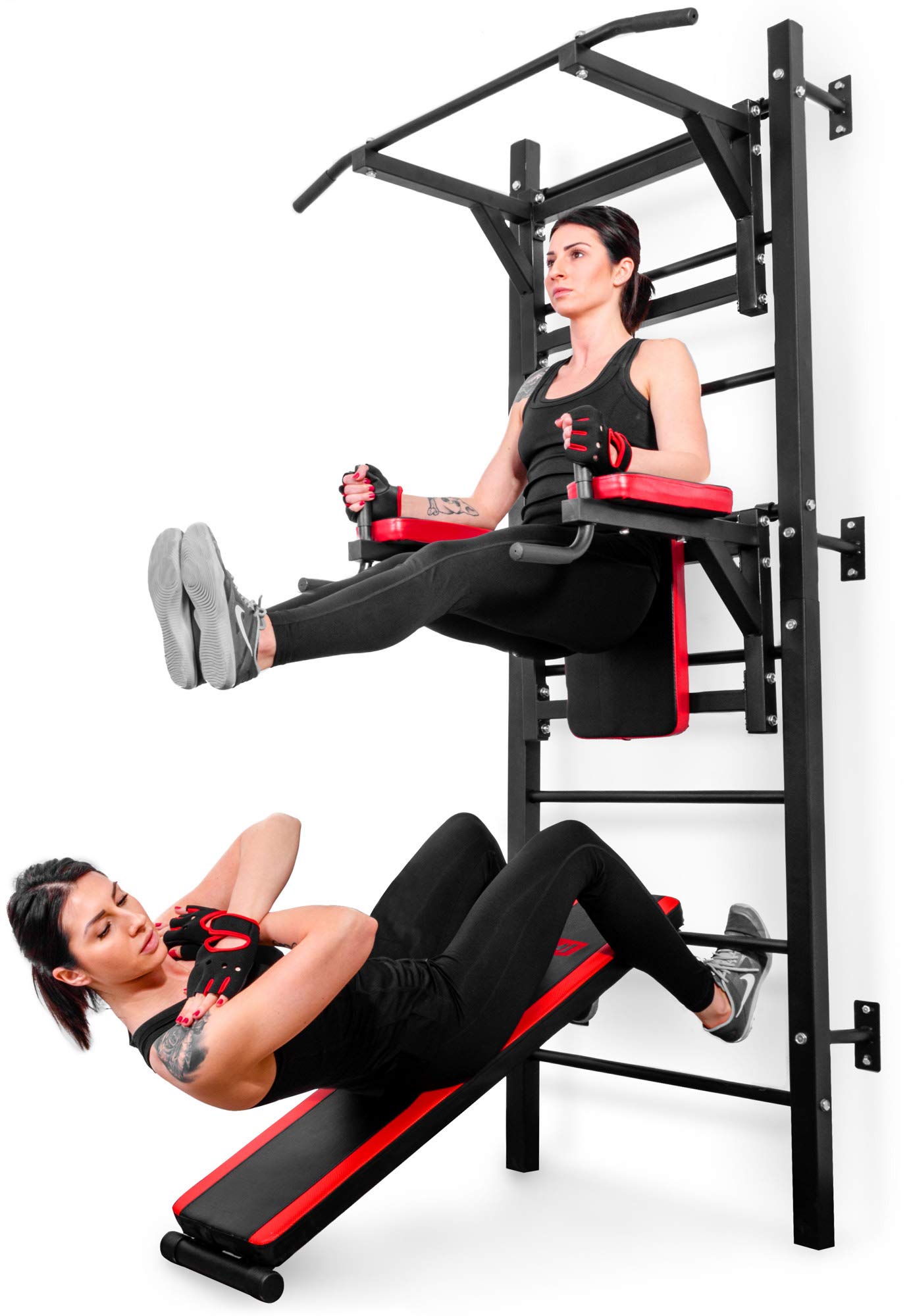 Hop-Sport 1008K Multifunctional Power Tower with Bench & Climbing Ladder - Pull Up Bar & Dip Station for Strenght Training - Full Body Workout