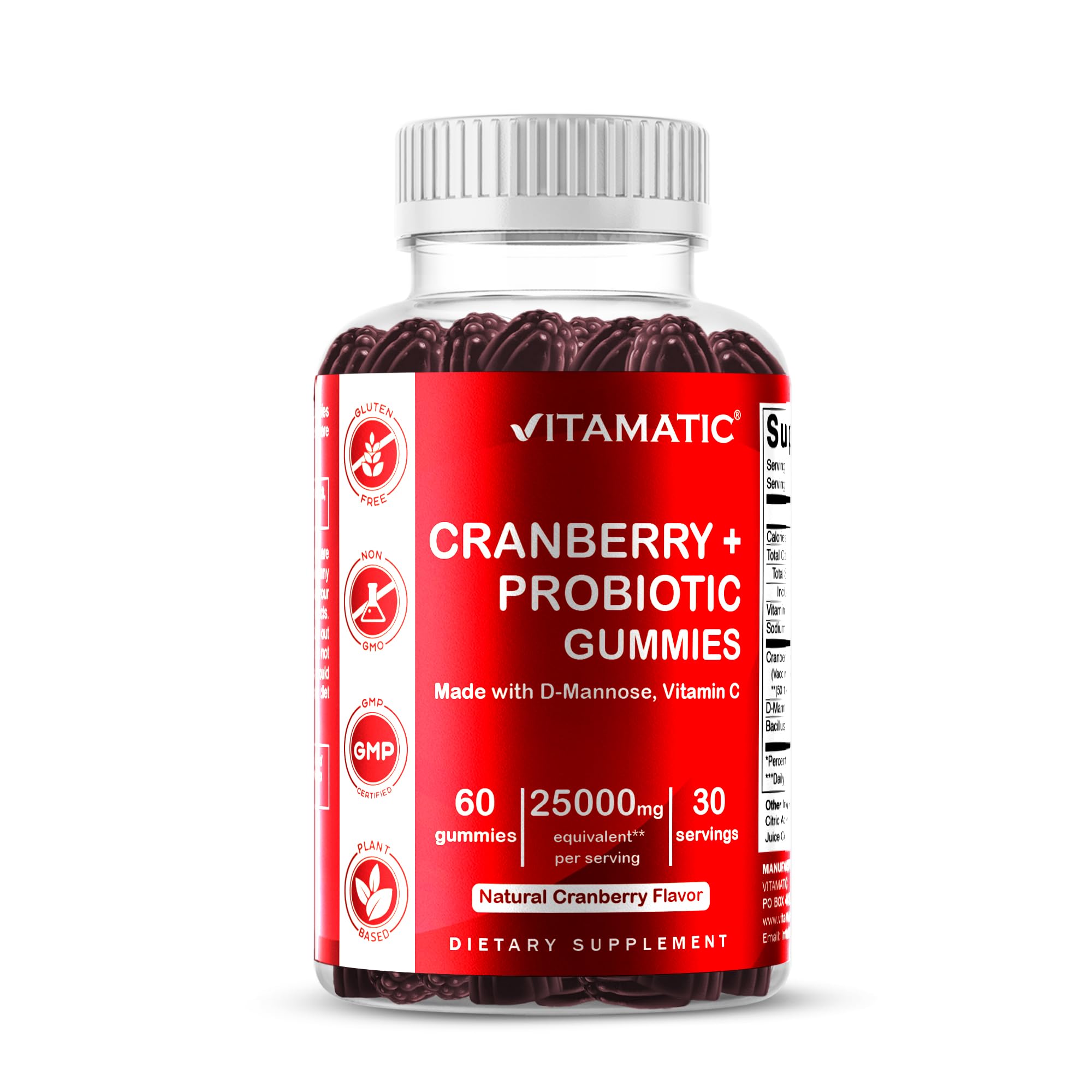 Vitamatic Vegan Cranberry Gummies with D-Mannose, Probiotics & Vitamin C – 25,000 mg Equivalent per Serving (from 50:1 Extract 500 mg) – 60 Count – Urinary Tract Health Support for Women