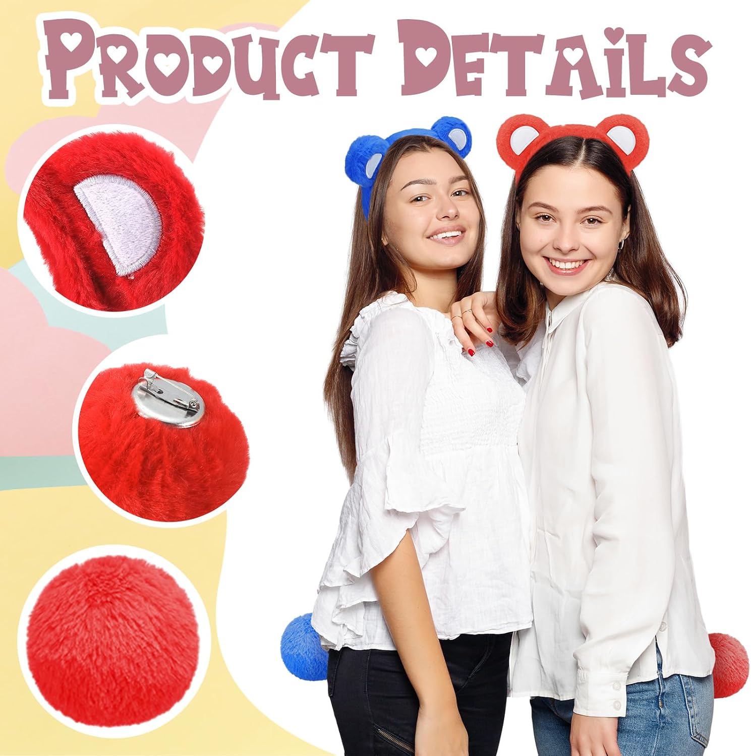 Wavwavw 8 Set Bear Ears Headband with Tail Set - Colorful Bear Adult Costume for Halloween Christmas Birthday Accessories