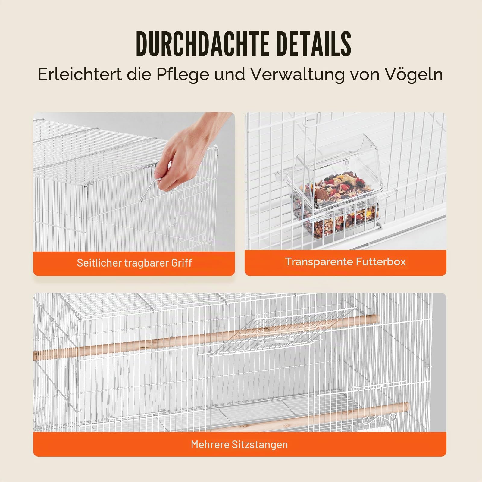 VEVOR Vogelkäfig, 760x460x455mm Metallkäfig für kleine Papageien, Kanarienvögel, Nymphensittiche, Unzertrennliche, Finken, Wellensittiche, Conures, Vogelhaus für unterwegs mit Griff & Sitzstangen