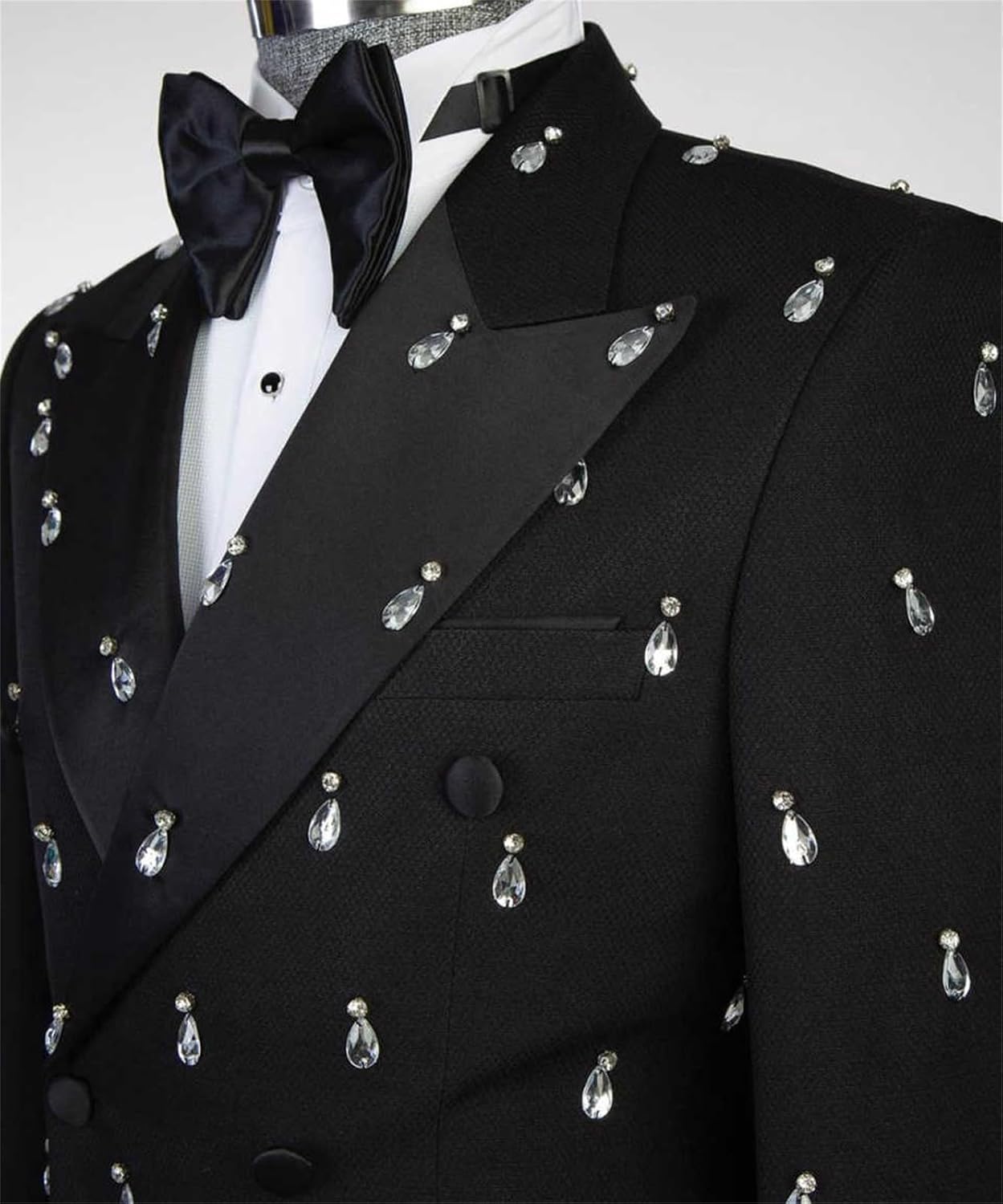 Men's Black Tuxedo with White Rhinestones Slim Fit Peaked Lapel Double Breasted Blazer Jackets for Wedding,Party,Prom
