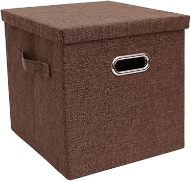 Collapsible Fabric Storage Baskets with Lid Linen Foldable Cube Storage bins 11.8"x11.8"x11.8" Shelf Basket for Bedroom,Living Room,Laundry Room,Nursery RoomCoffee