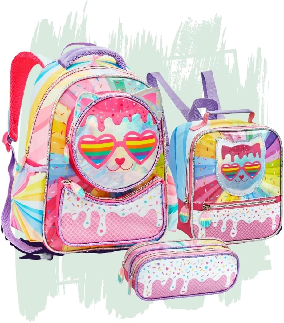 Kit Mochila Escolar Infantil Menina 3 Divisórias Gatinha Unicornio Com Lancheira e Estojo