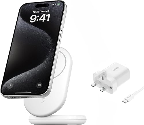 Belkin BoostCharge MagSafe Charger, Magnetic Foldable Wireless Charging Stand 15W, MagSafe-Compatible Portable Fast Charger for Qi2, iPhone 17, Air, Pixelsnap, Standy Mode Ready, PSU Included - White