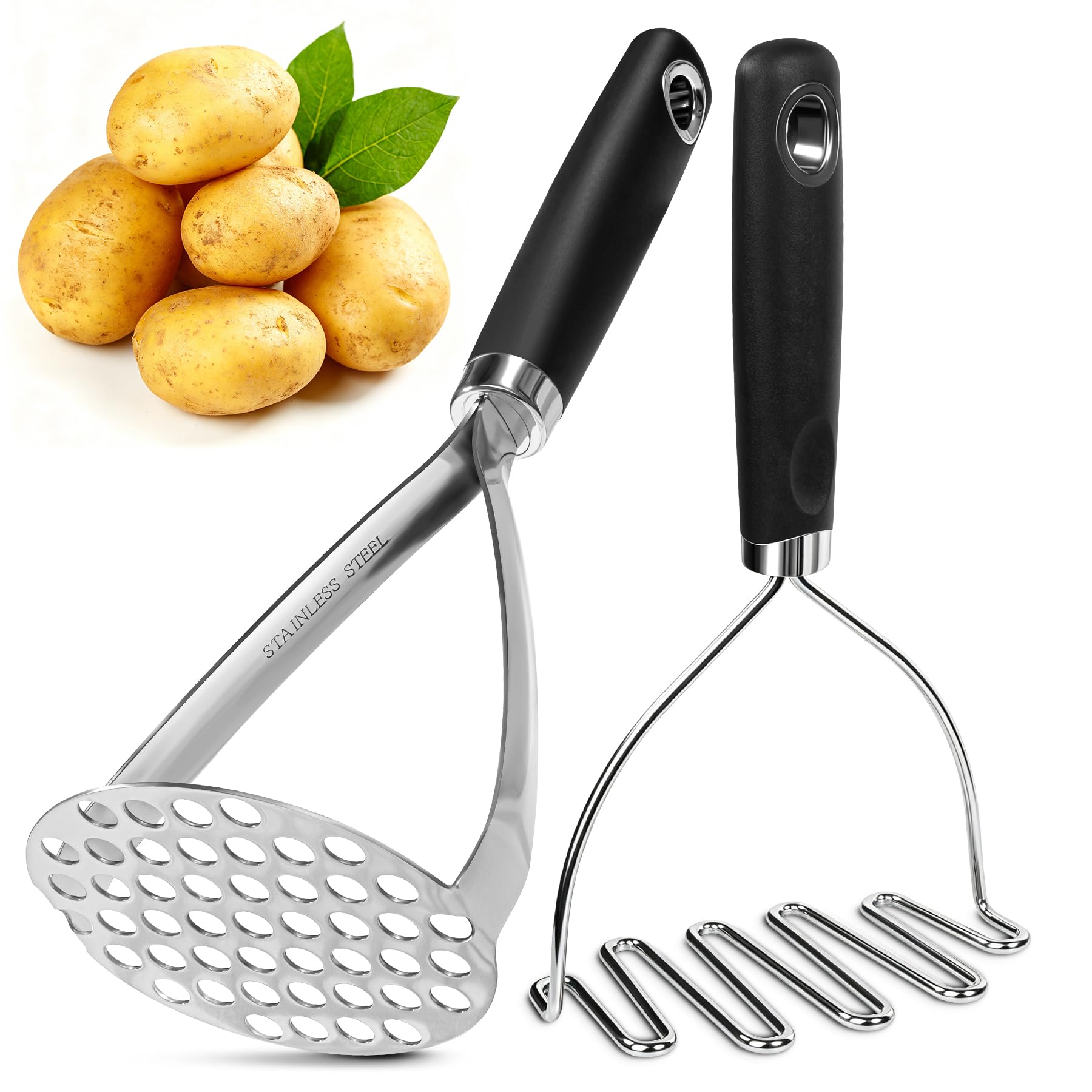 Potato Mashers 2 Pack Set, Potato Masher Food Grade Stainless Steel, Heavy Duty Potato Ricer Masher with Soft Grip Handle, Kitchen Food Masher for Mashed Potato, Tomato Puree, Jam, Vegetable & Fruits