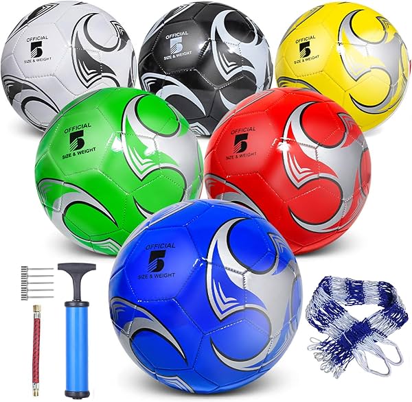 6 Balones Tamaño 5/4/3 para Entrenamiento y Partidos - Tamaño y Peso Oficial - Incluye Red de Transporte, Agujas, Bomba de Aire - Ideal para Jugadores Jóvenes y Adultos